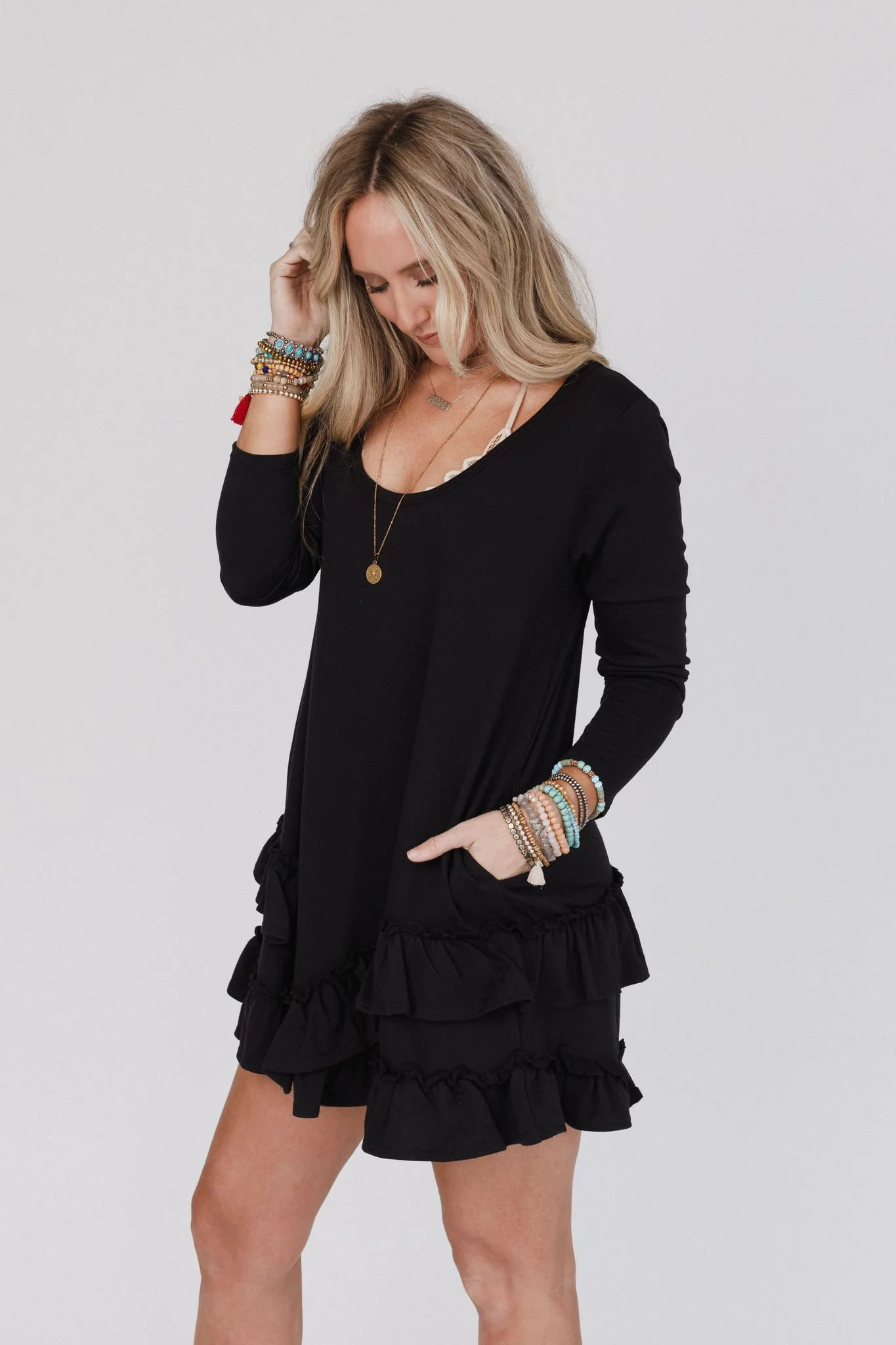 The Nest Constance Ruffle Hem Long Sleeve Dress - Black - Pre Order