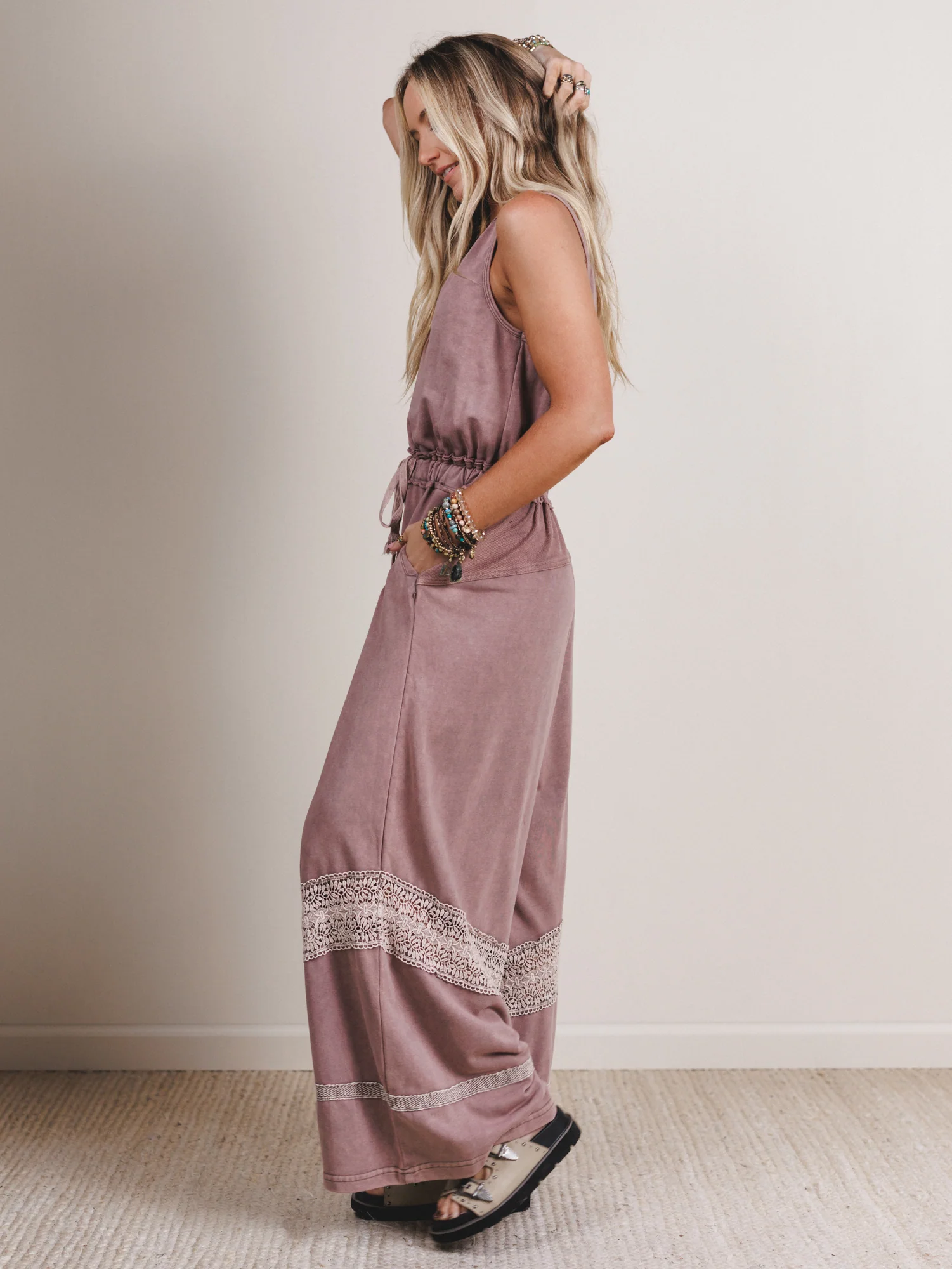 Country Sunshine Crochet Wide Leg Jumpsuit - Red Bean - Image 5