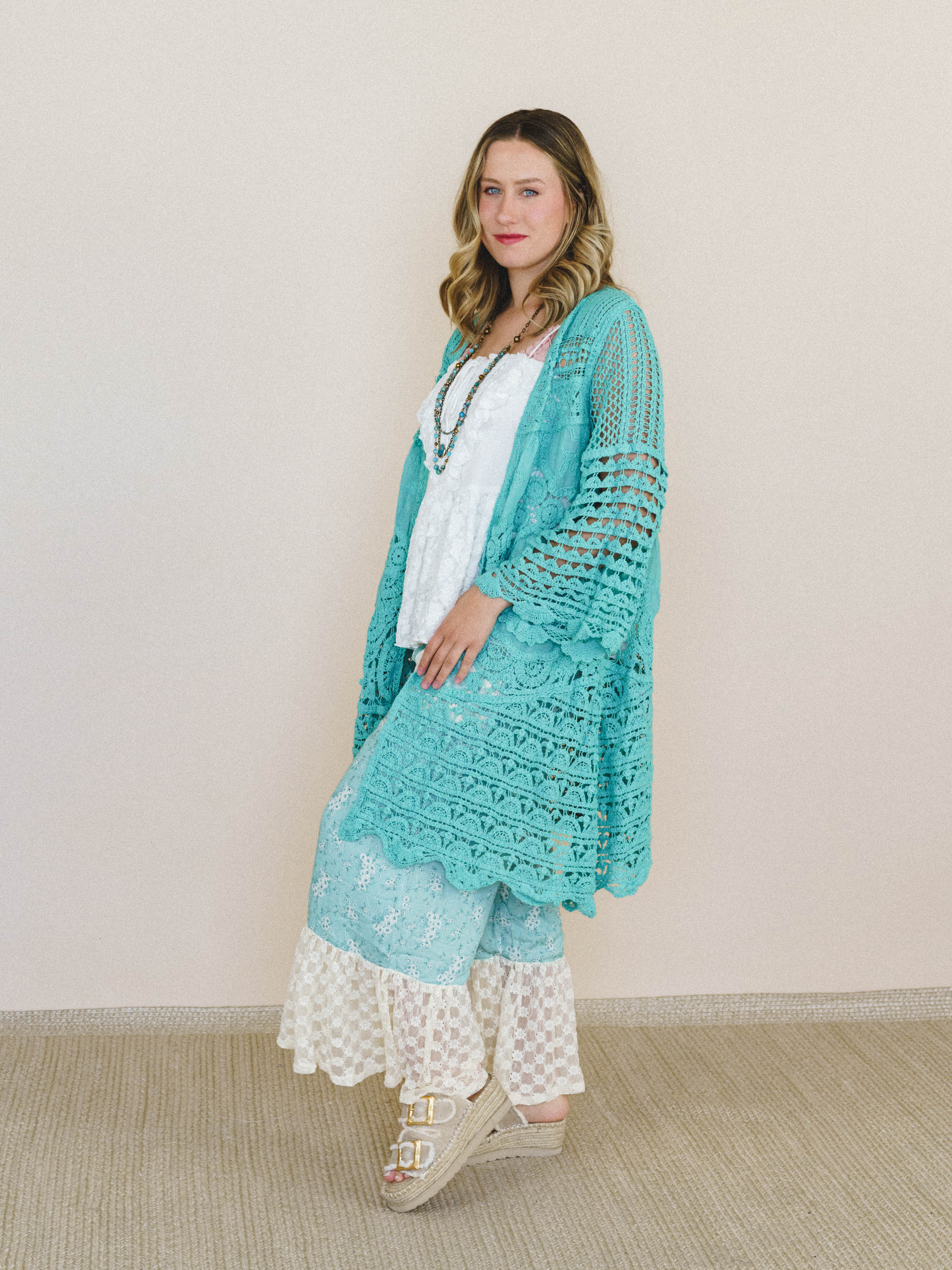 Crochet Duster Kimono - Aqua Teal - Image 3