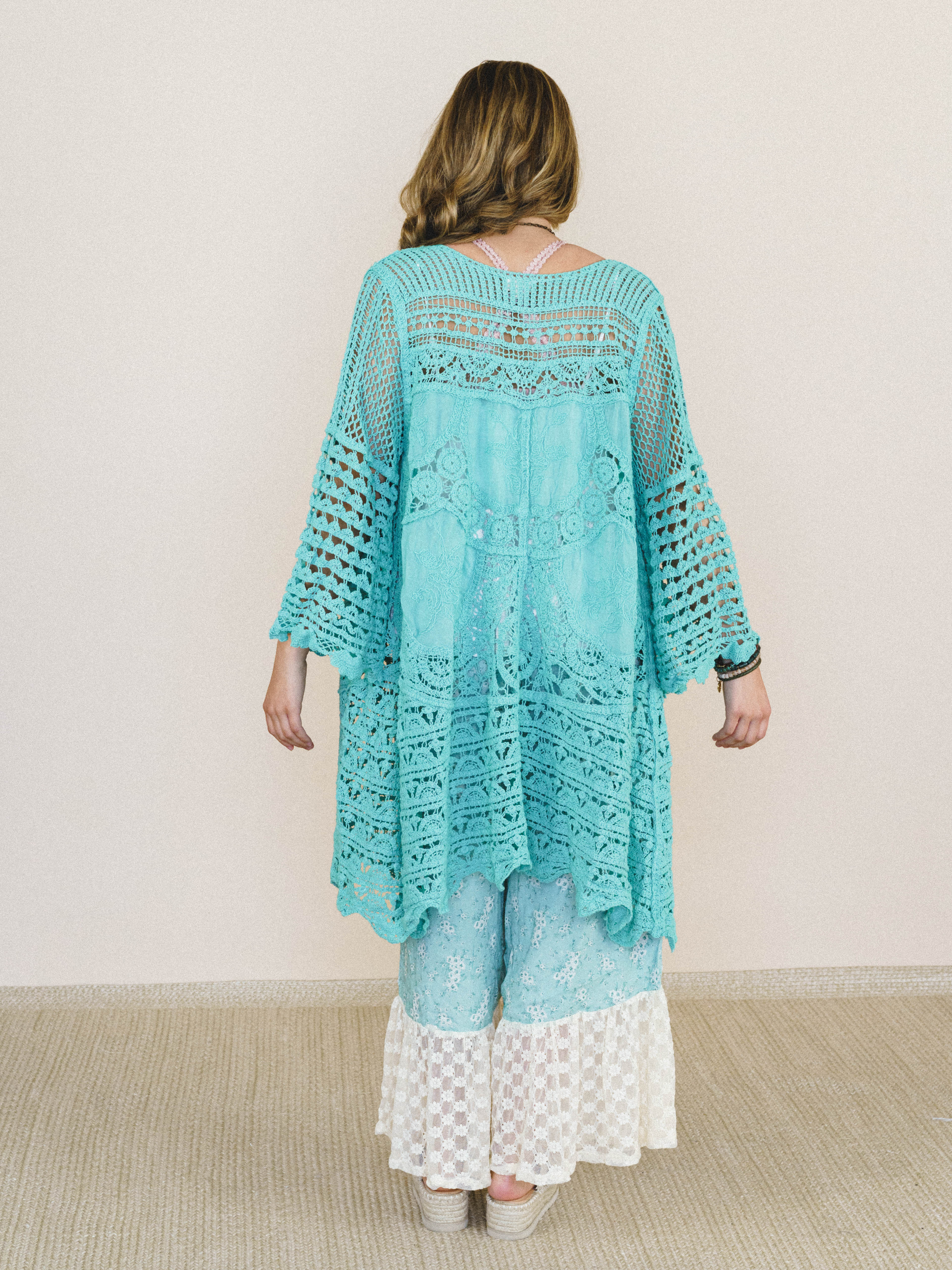 Crochet Duster Kimono - Aqua Teal - Image 4