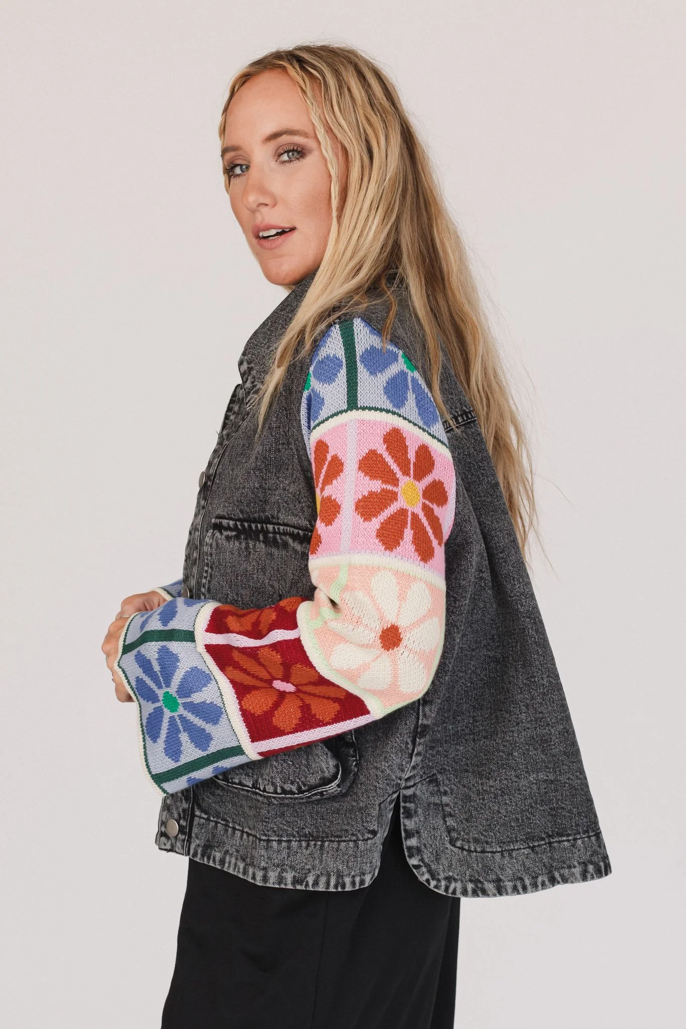 Dahlia Sweater Denim Jacket - Black Denim - Image 4
