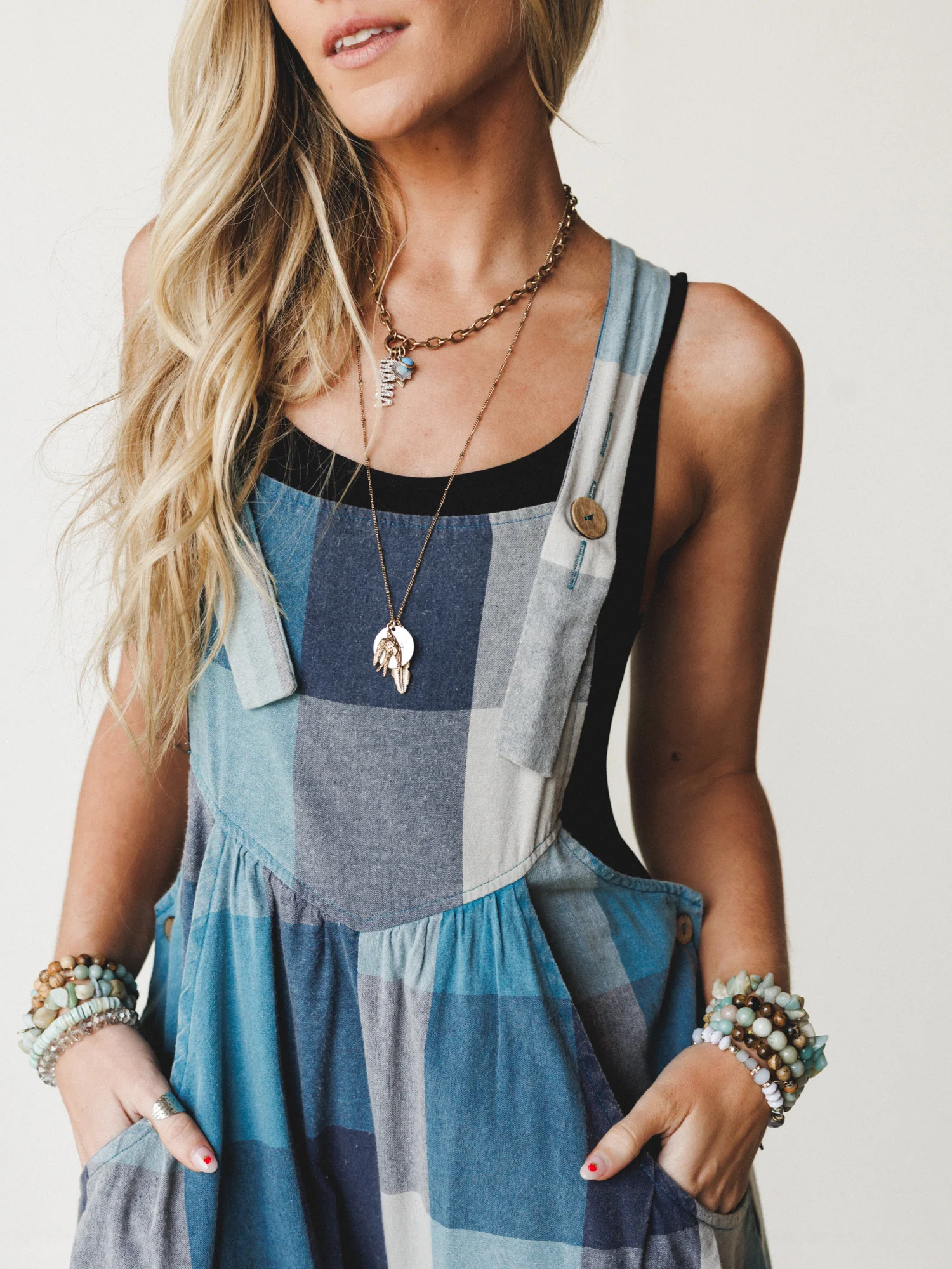 Delyah Plaid Pattern Overalls - Denim Mix - Image 3