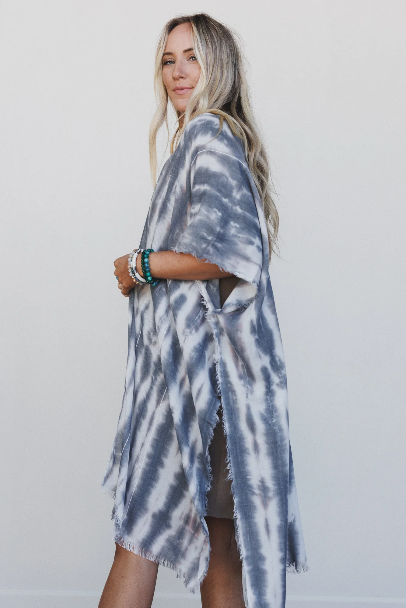 Demi Tie Dye Frayed Hem Kimono - Black - Image 4