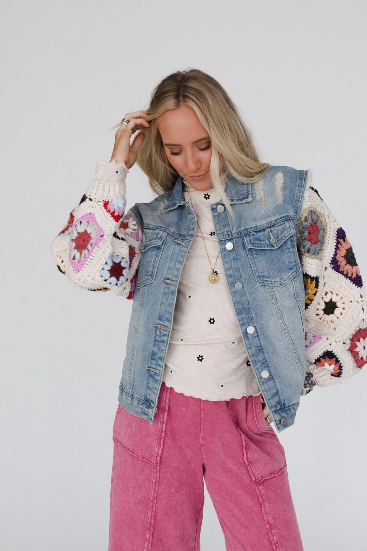 Diamond Blossom Denim Jacket - Beige - Image 3