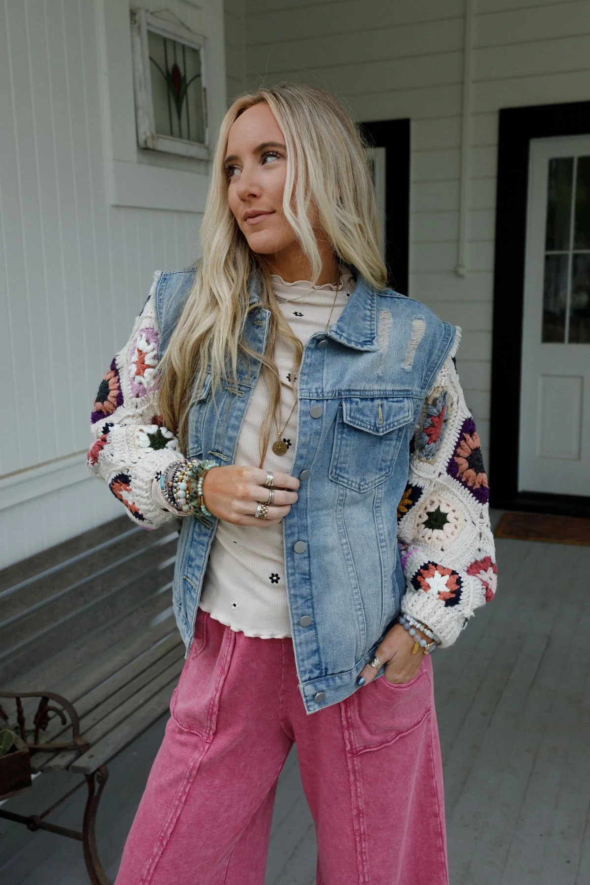 Diamond Blossom Denim Jacket - Beige - Image 4