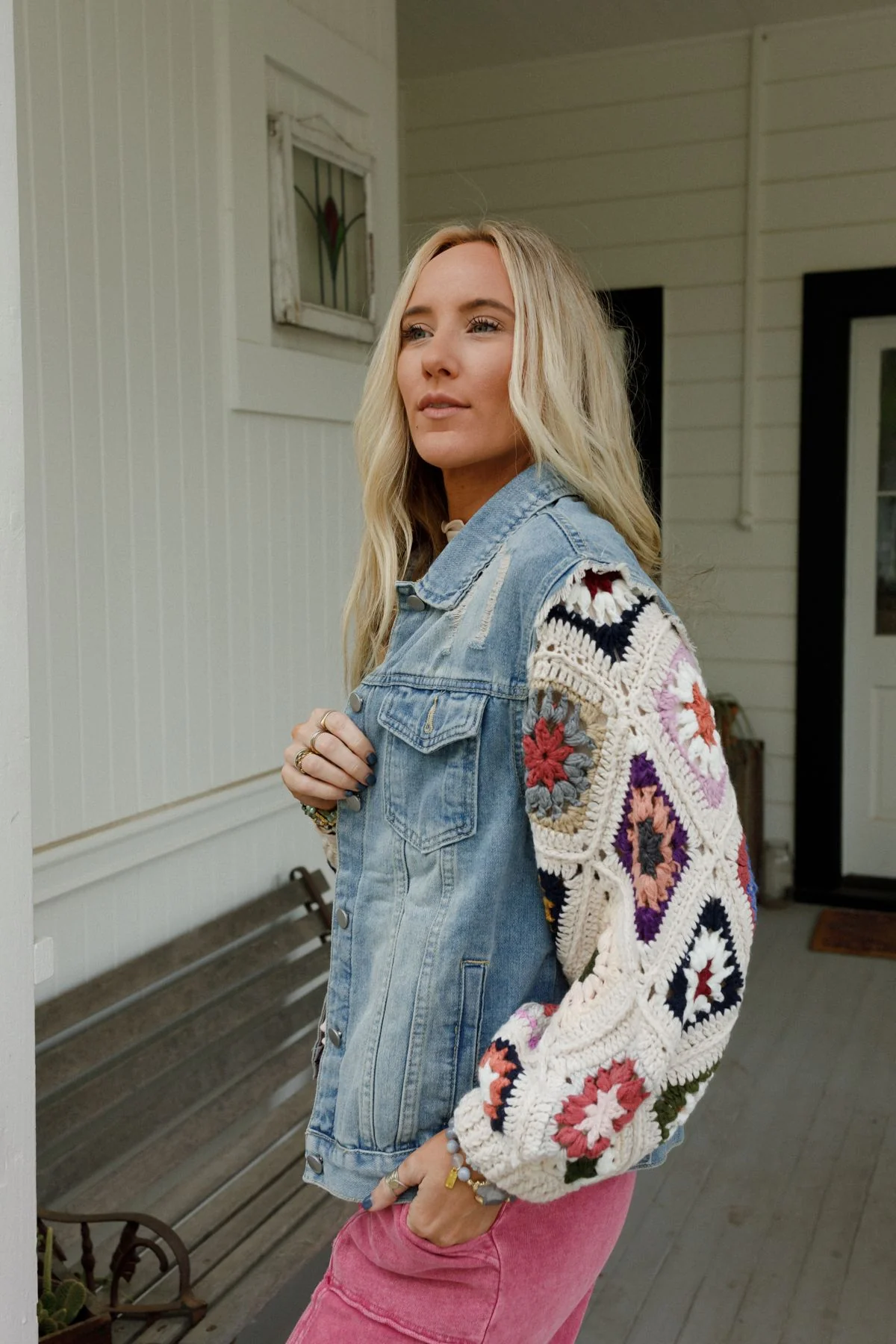Diamond Blossom Denim Jacket - Beige - Image 6