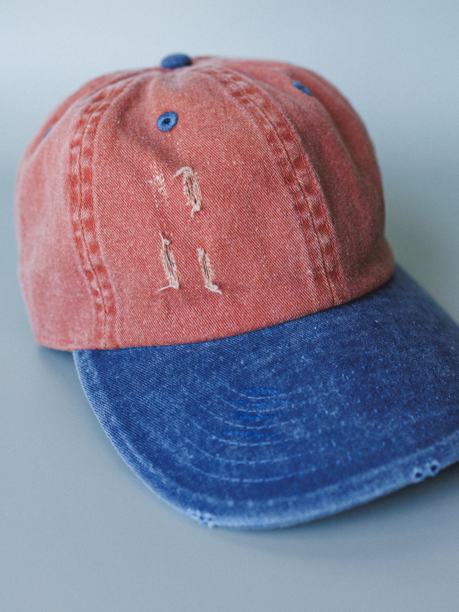 Distressed Baseball Cap Dad Hat
- Two Tone Orange Blue