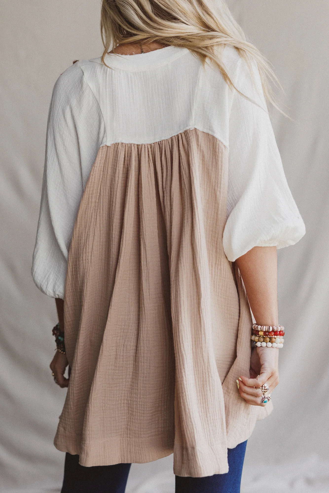 Divided Lines Button Down Tunic - Taupe - Image 6