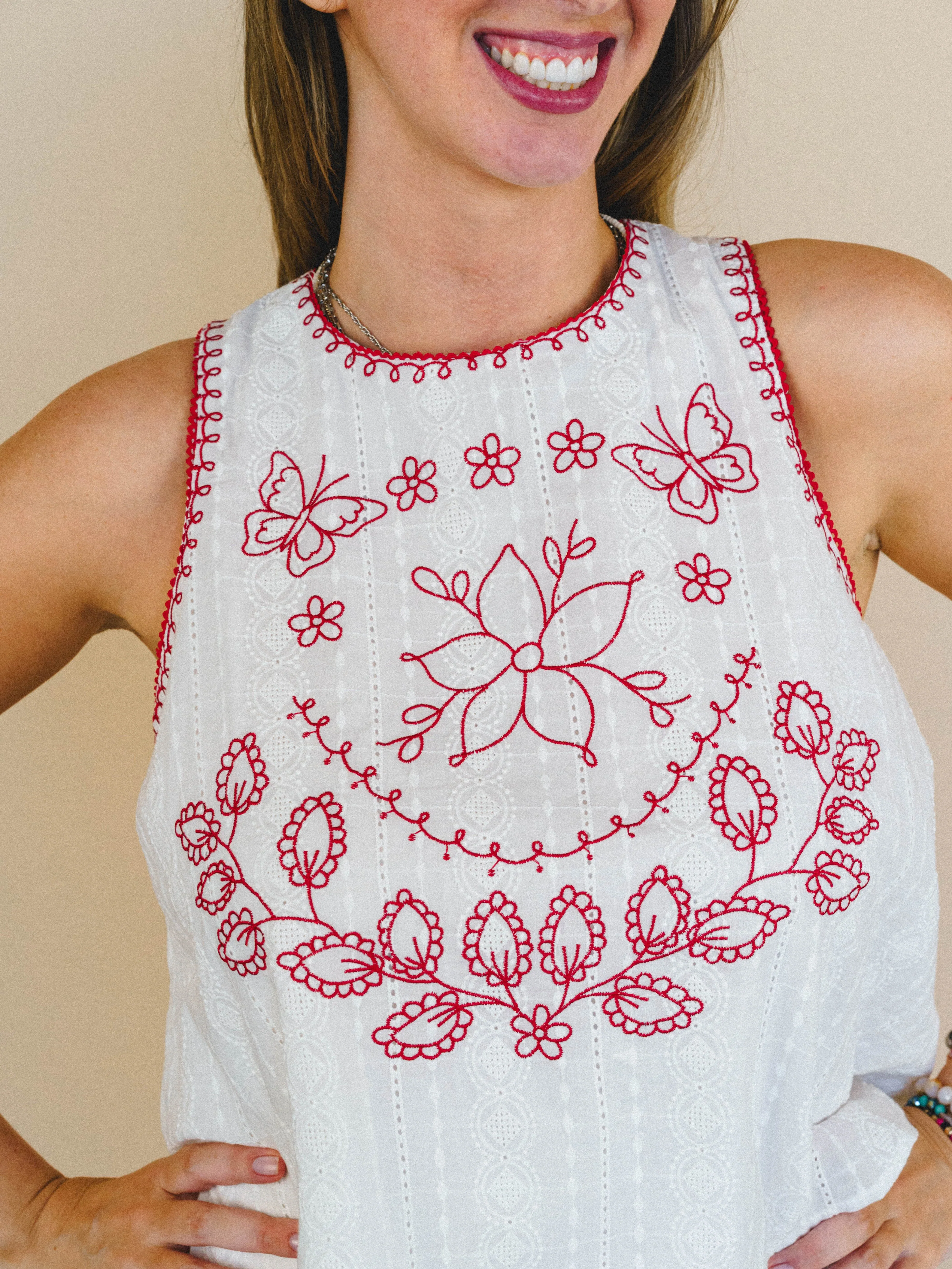 Dreaming of Islands Embroidered Top - Off White Red - Image 3