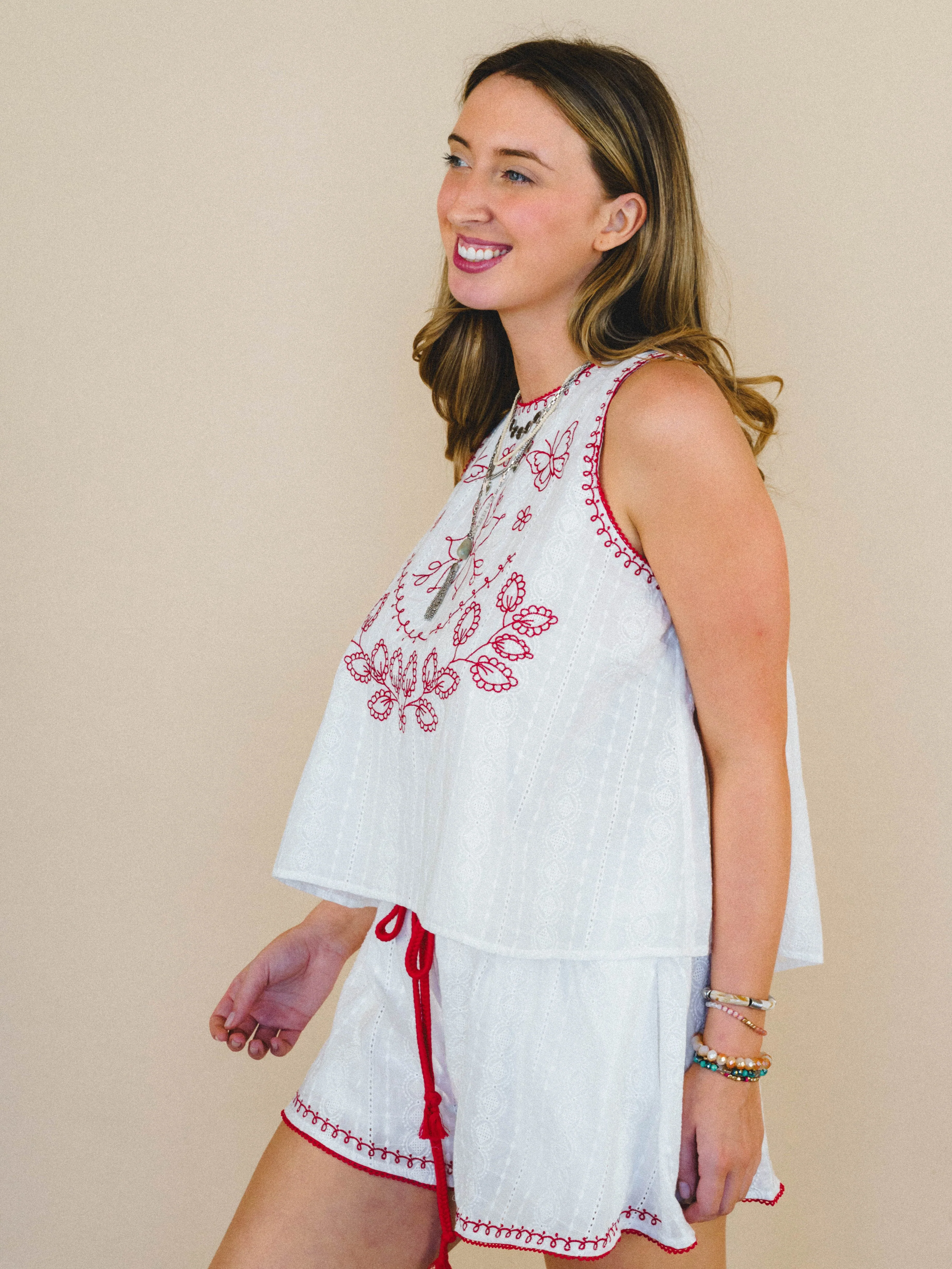 Dreaming of Islands Embroidered Top - Off White Red - Image 4