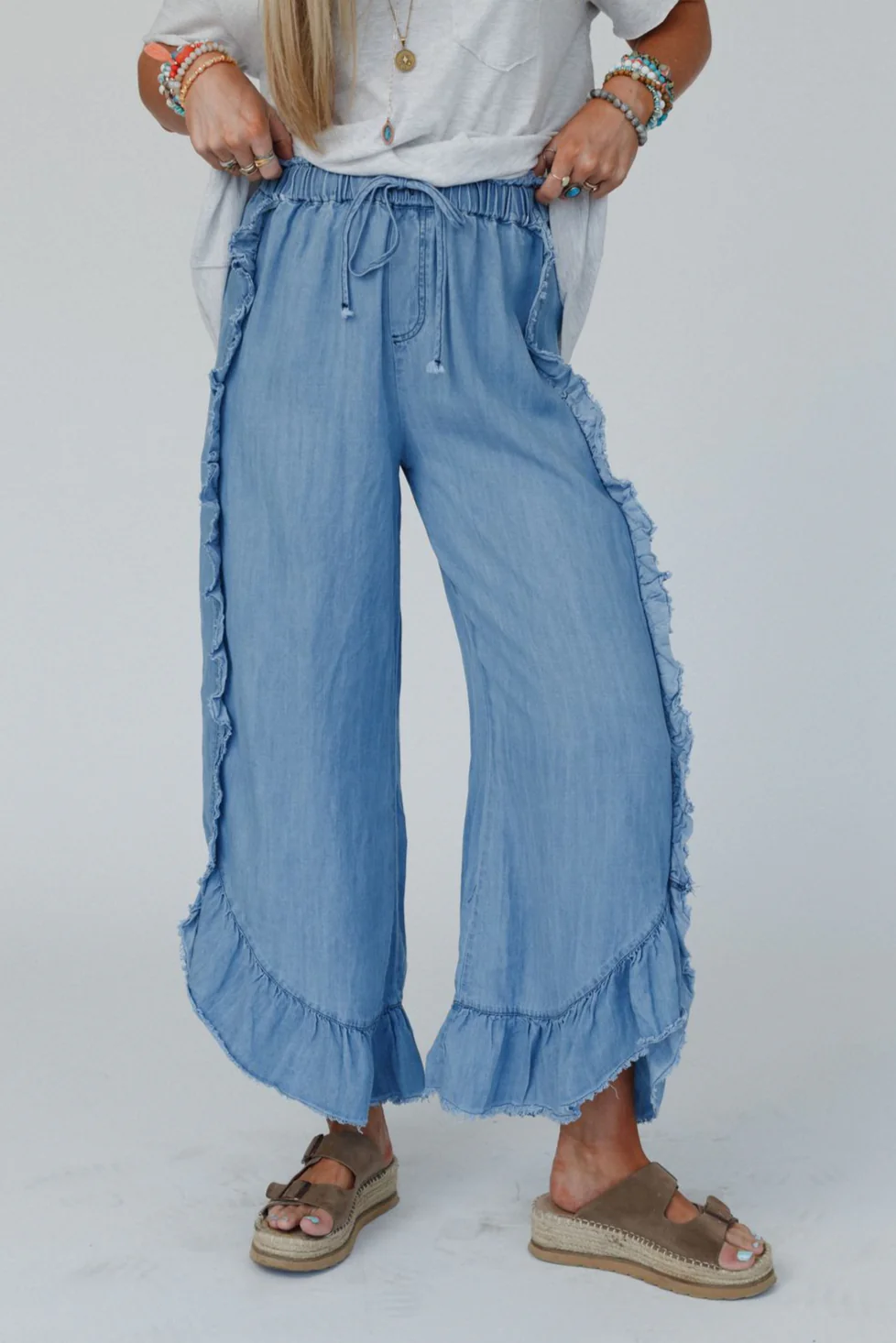 Drift Wave Ruffle Wide Leg Pants - Light Denim - Image 3