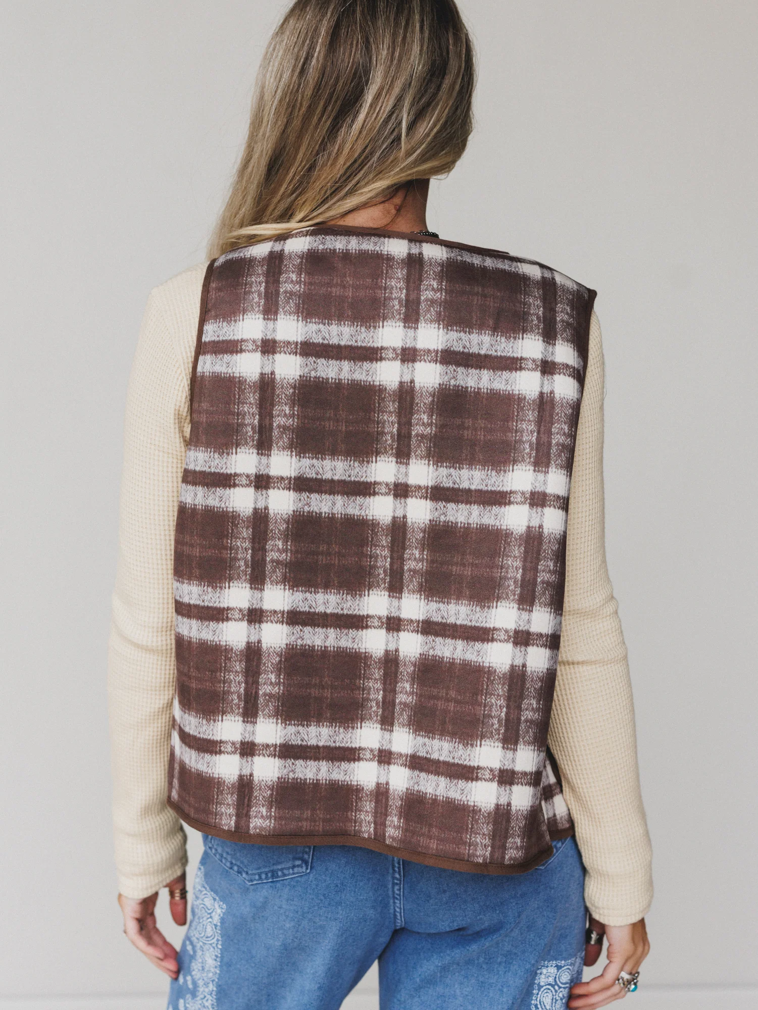 Driftwood Plaid Reversible Vest - Mocha - Image 5