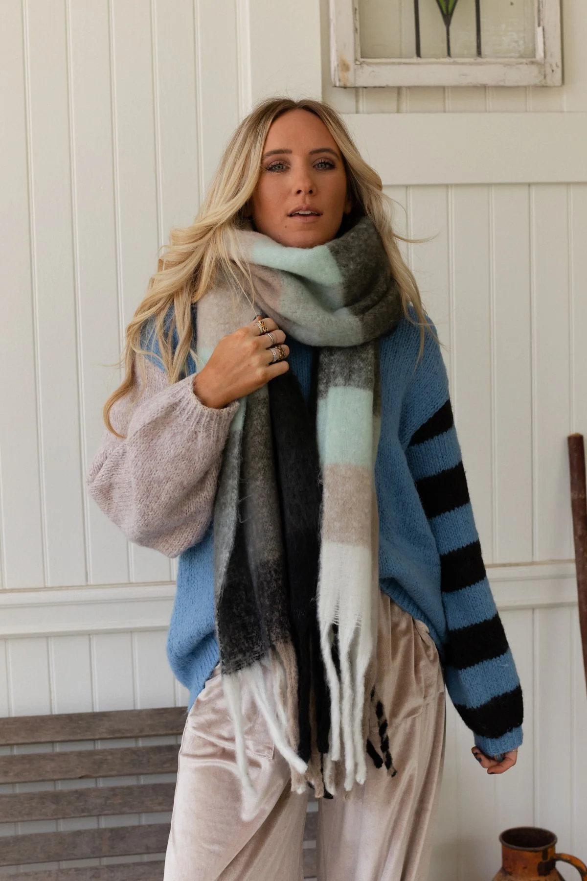 Everest Cozy Plaid Scarf - Blue - Image 5