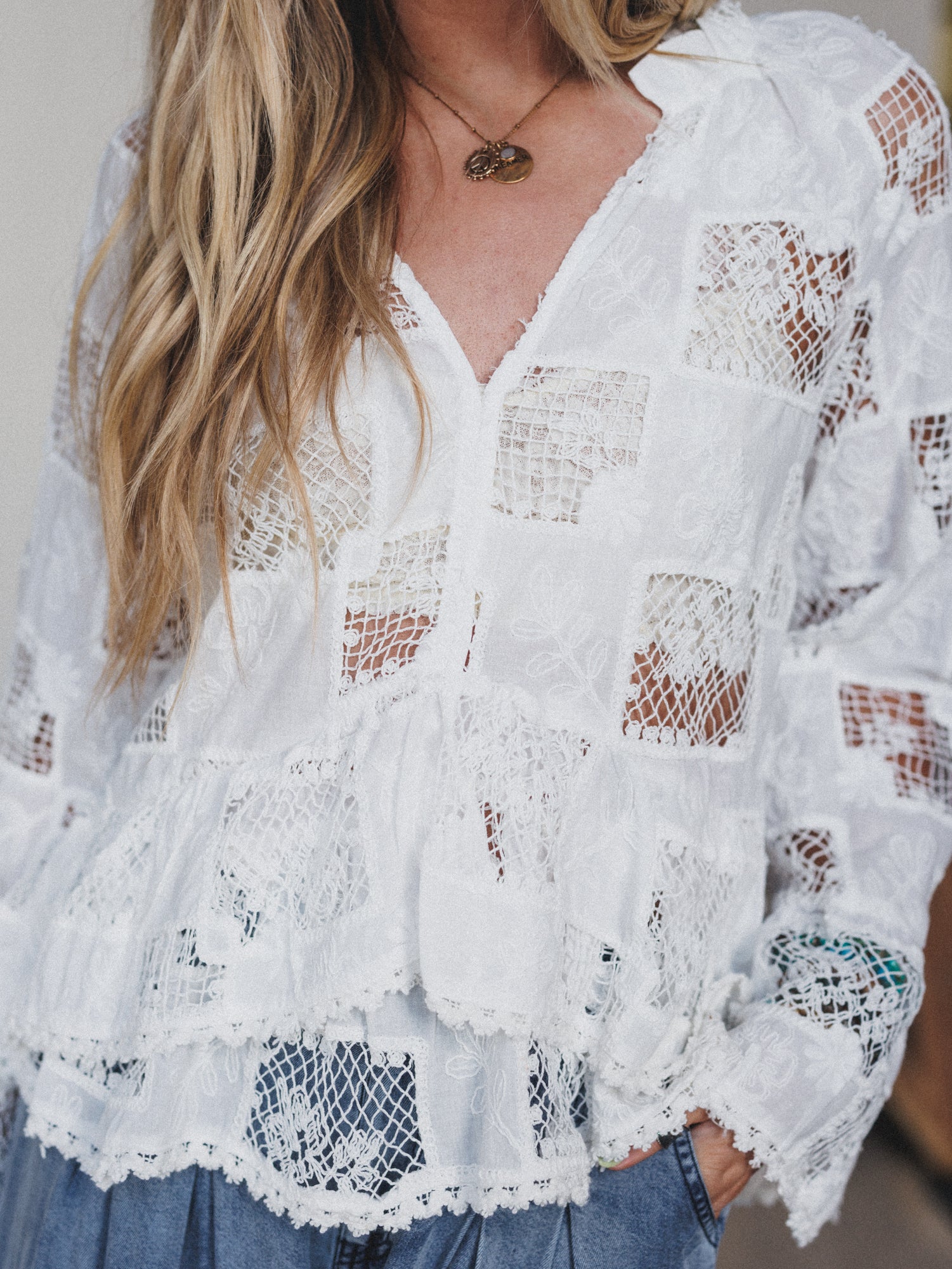 Eyelet Garden Bell Sleeve Blouse - Cream - Image 3