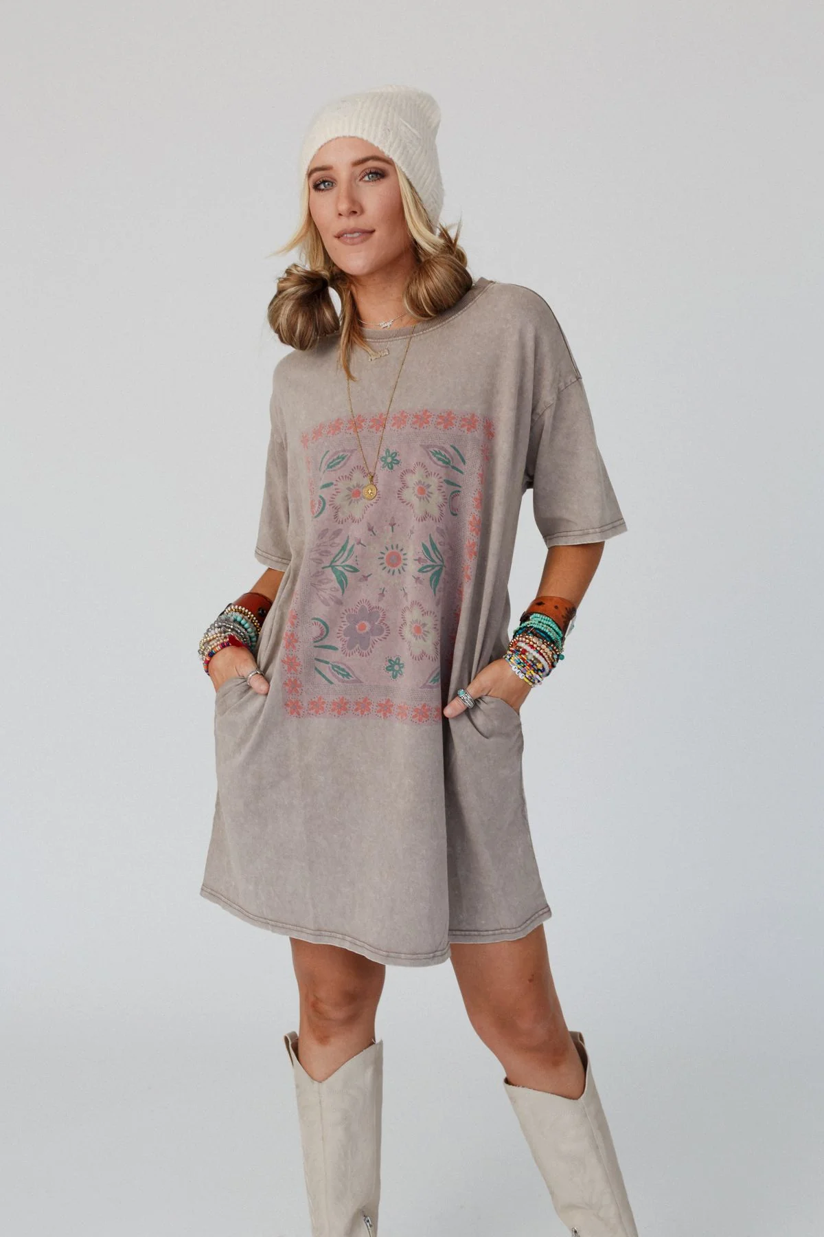 Fall Blossoms Tee Dress - Mocha - Image 2