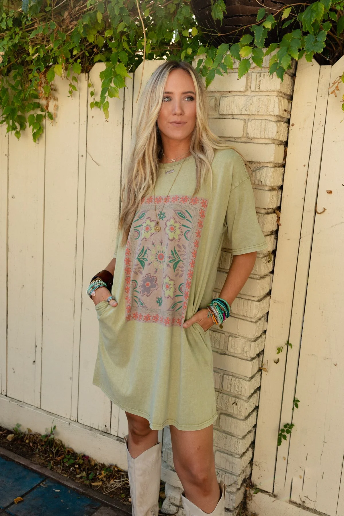 Fall Blossoms Tee Dress - Sage - Image 2