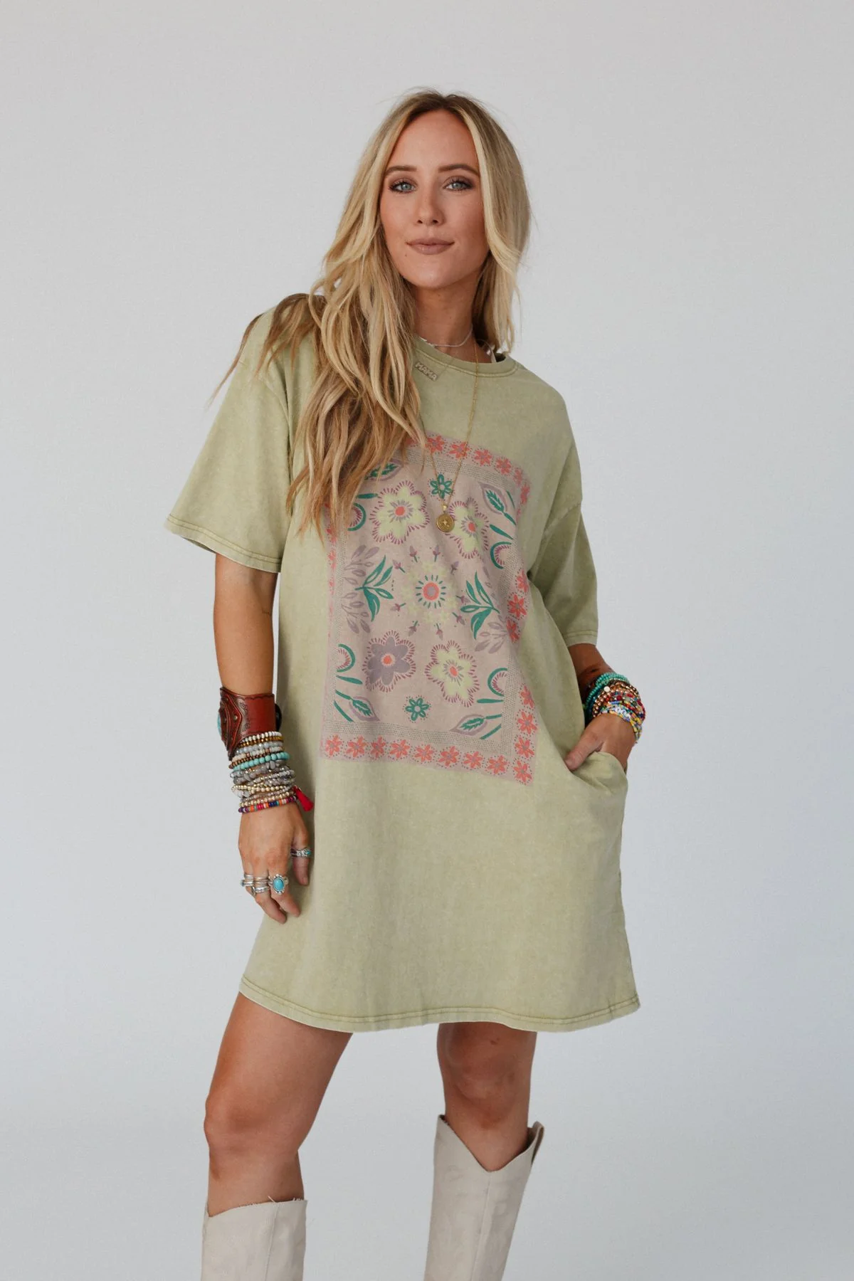 Fall Blossoms Tee Dress - Sage - Image 4