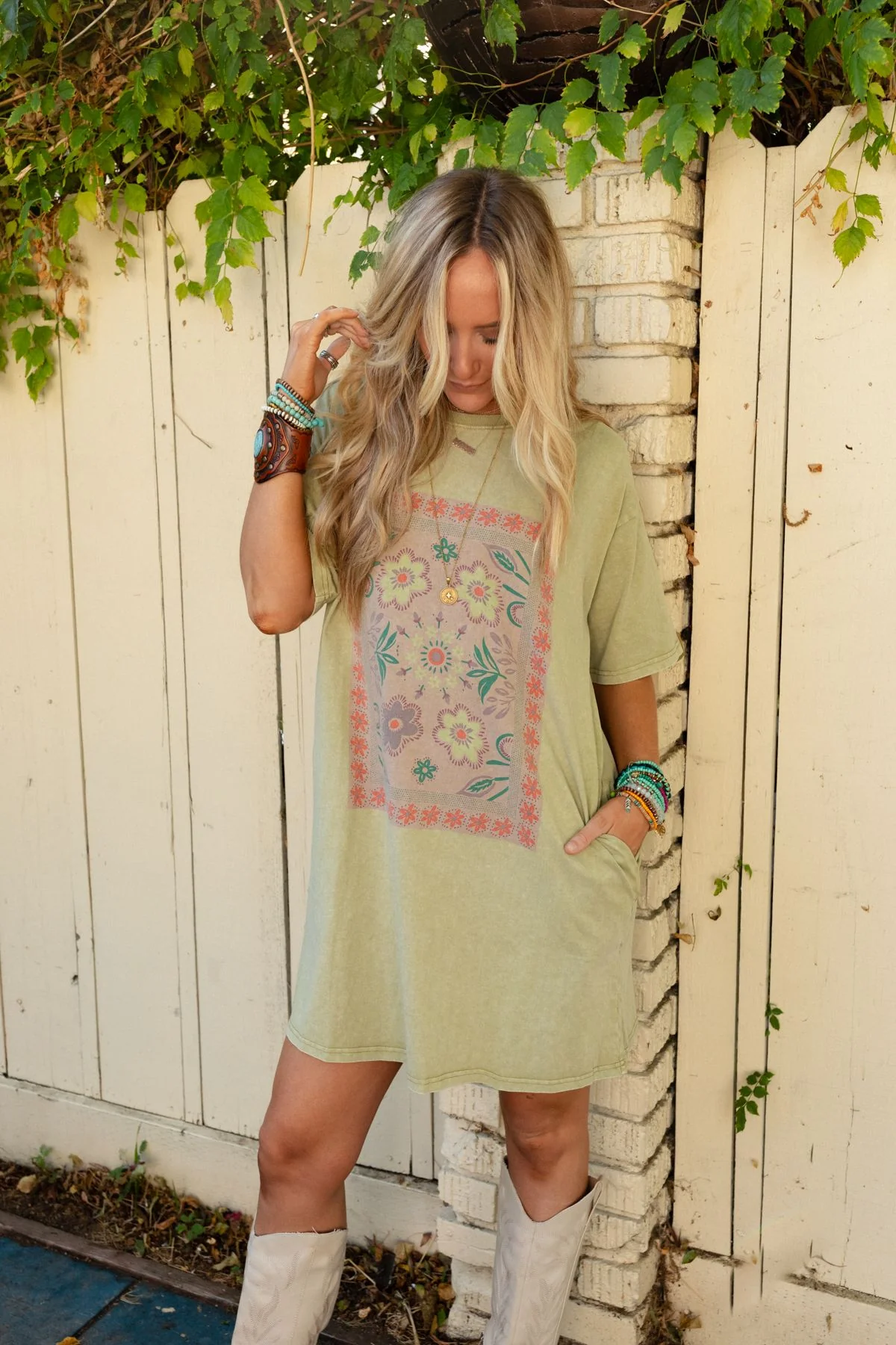 Fall Blossoms Tee Dress - Sage - Image 6