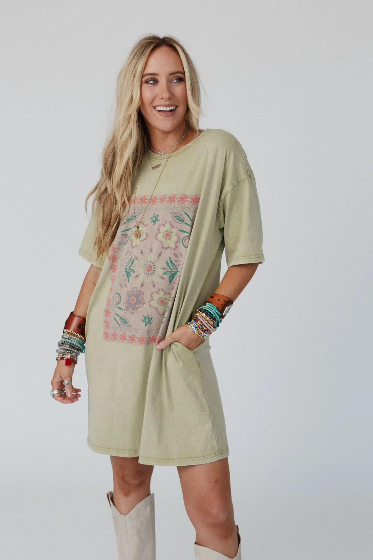 Fall Blossoms Tee Dress - Sage - Image 3