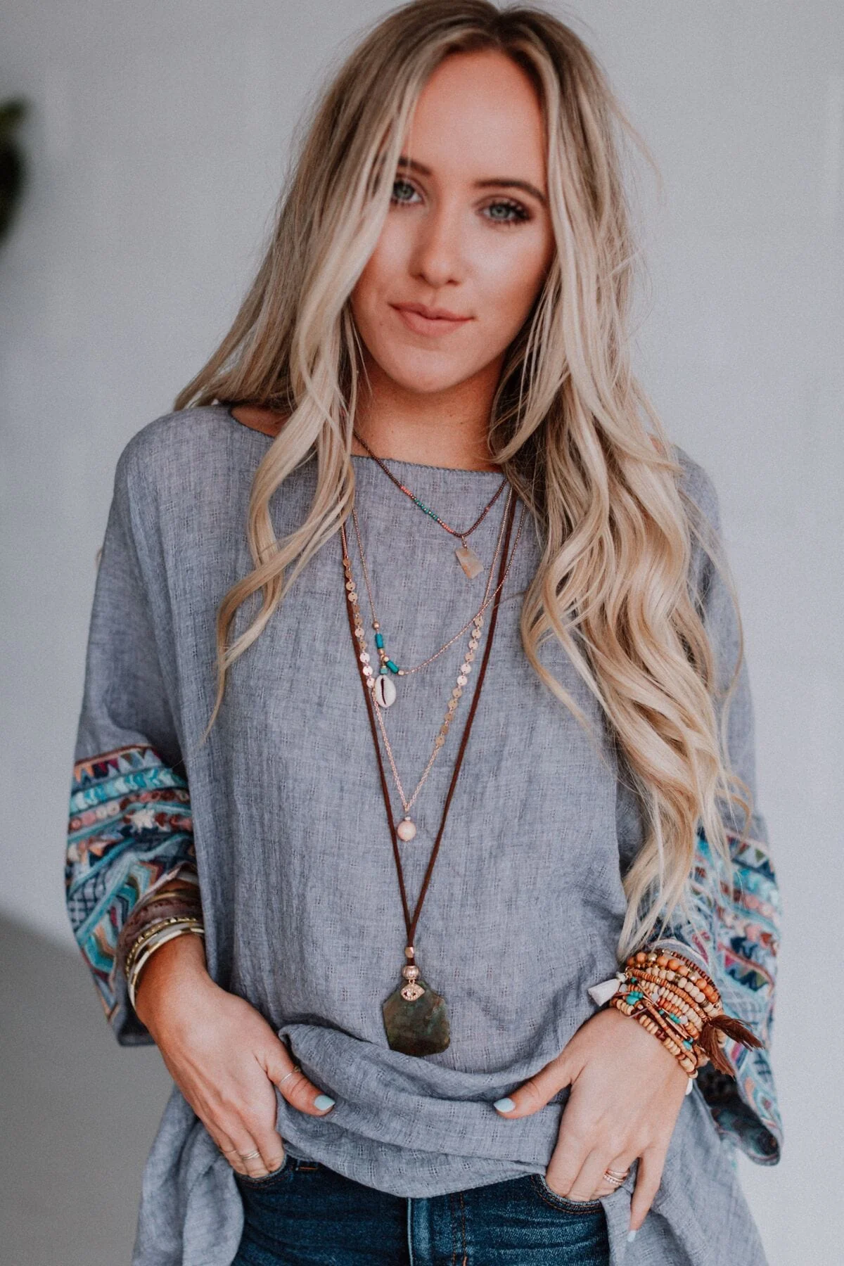 Fallon Embroidered Sleeve Poncho - Gray - Image 4