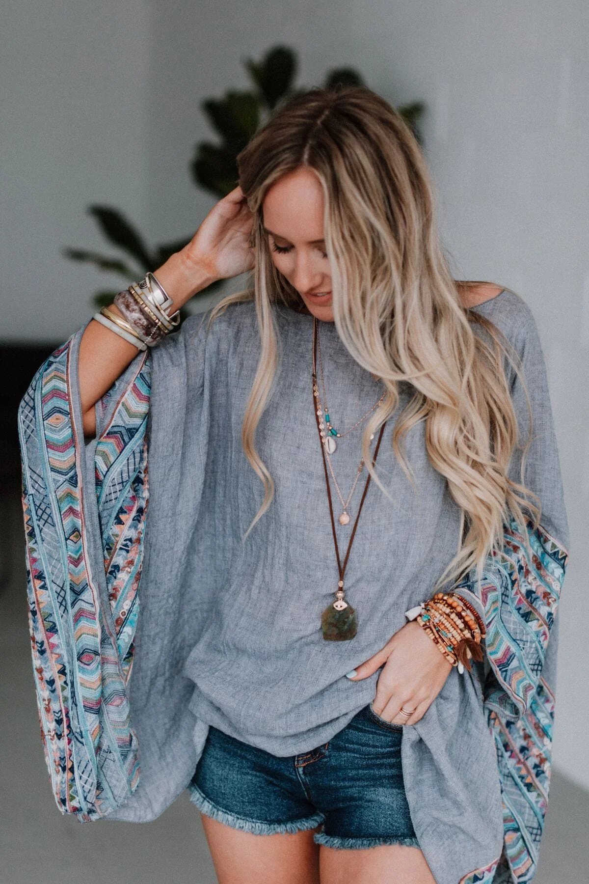 Fallon Embroidered Sleeve Poncho - Gray - Image 2