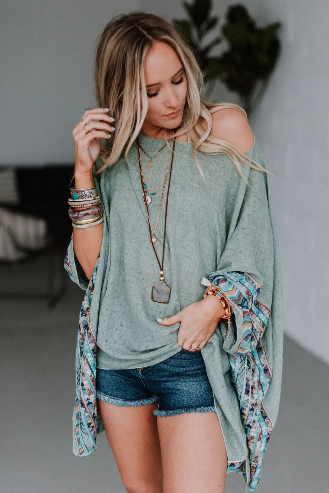 Fallon Embroidered Sleeve Poncho - Sage - Image 4