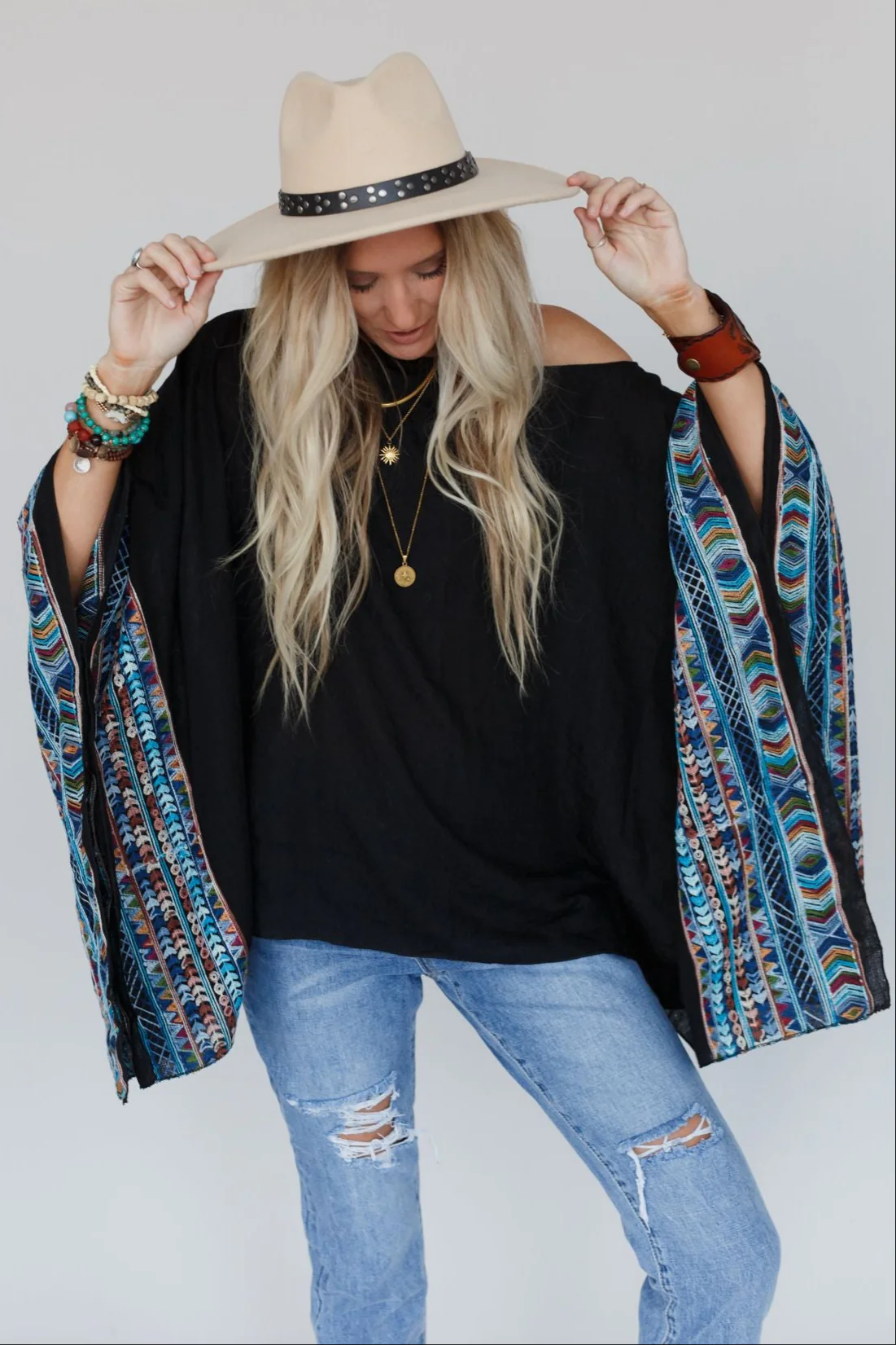 Fallon Embroidered Sleeve Poncho - Black - Image 3