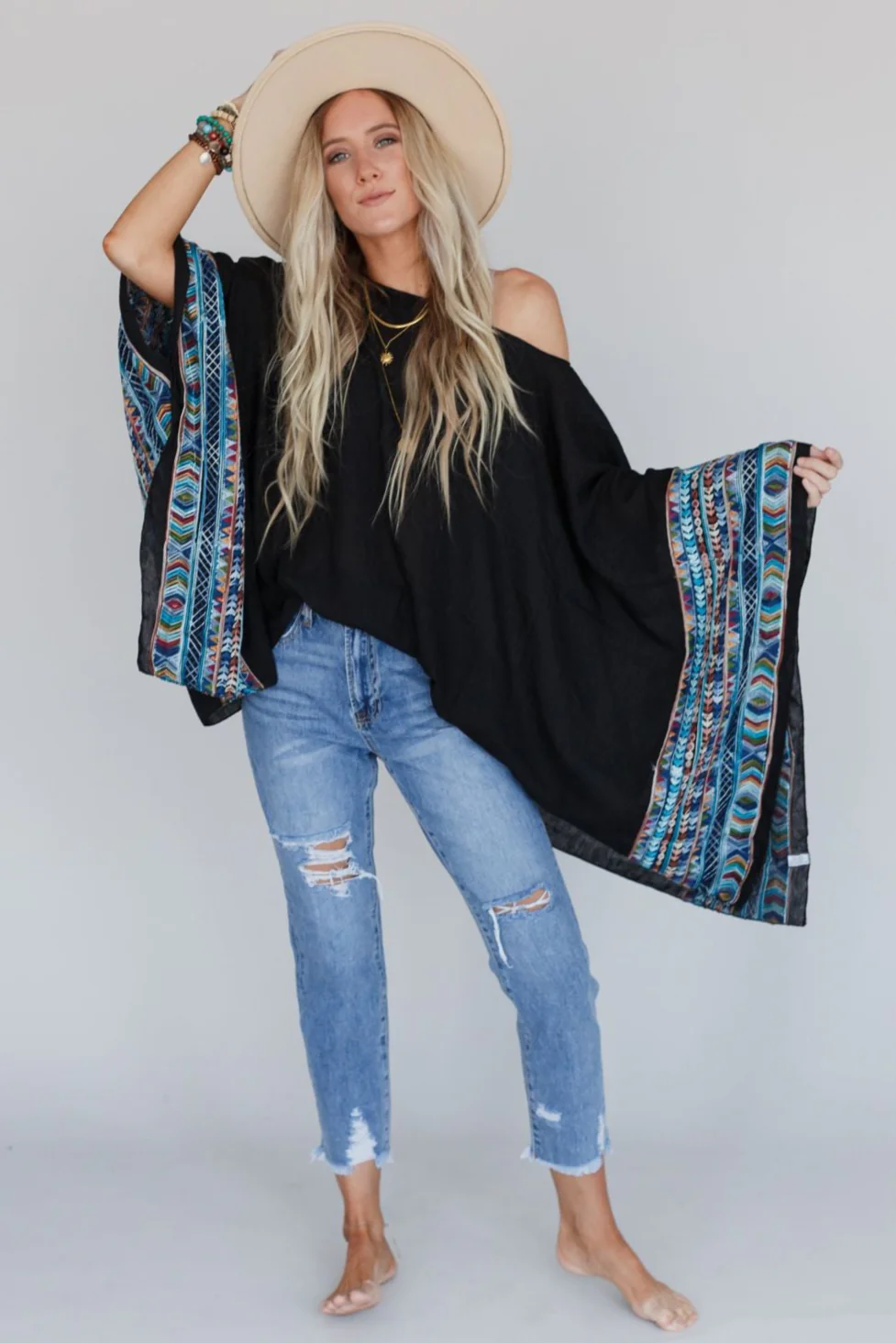 Fallon Embroidered Sleeve Poncho - Black - Image 5