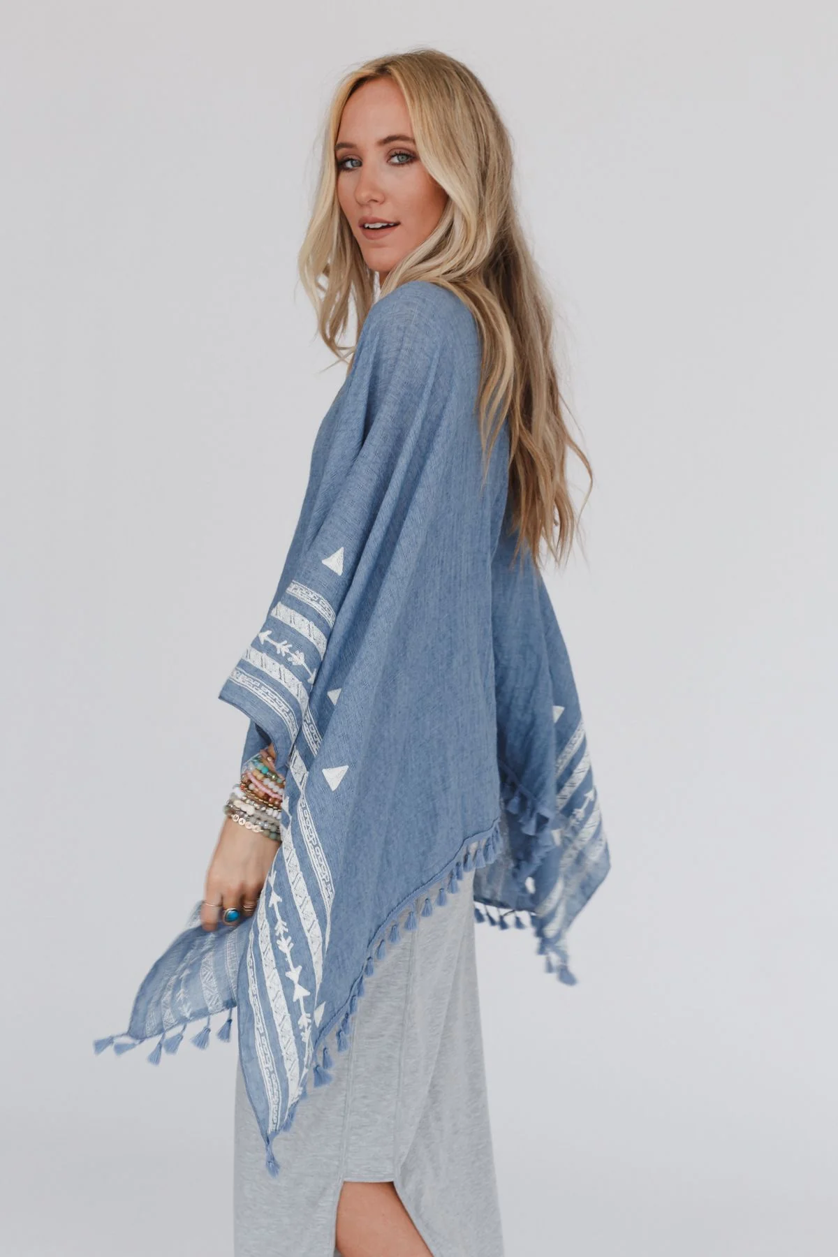 Fallon Embroidered Sleeve Tassel Poncho - Blue - Image 4