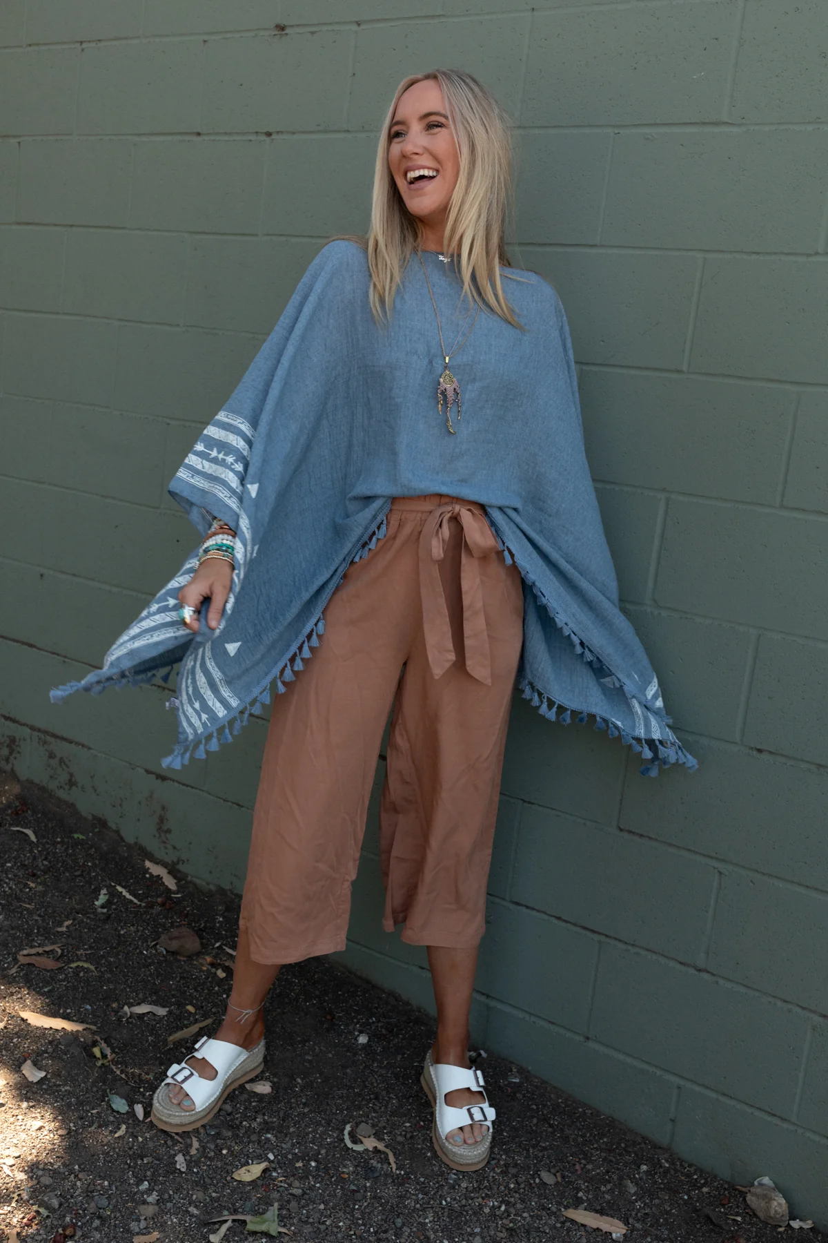 Fallon Embroidered Sleeve Tassel Poncho - Blue - Image 5