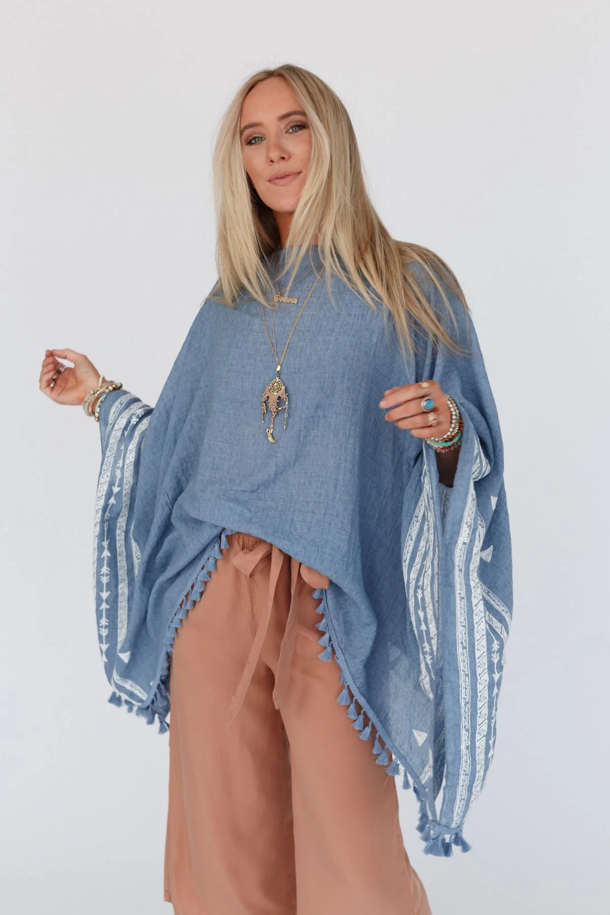 Fallon Embroidered Sleeve Tassel Poncho - Blue - Image 7