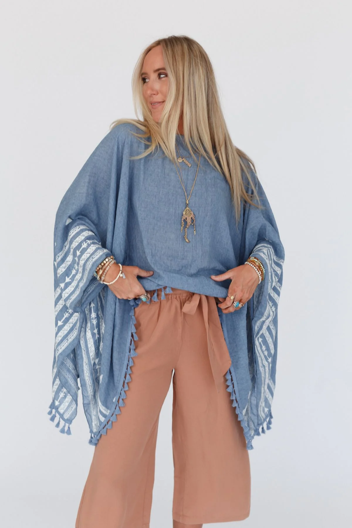 Fallon Embroidered Sleeve Tassel Poncho - Blue - Image 9