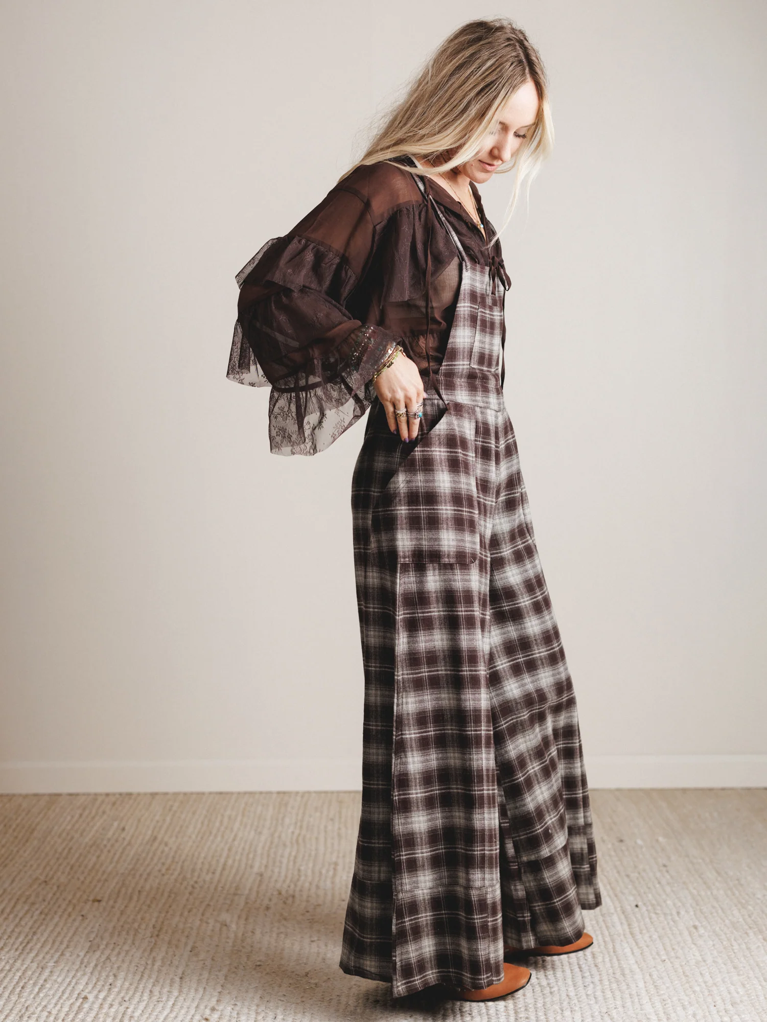 Favorite Flannel Wide Leg Overalls - Chocolate - Image 2