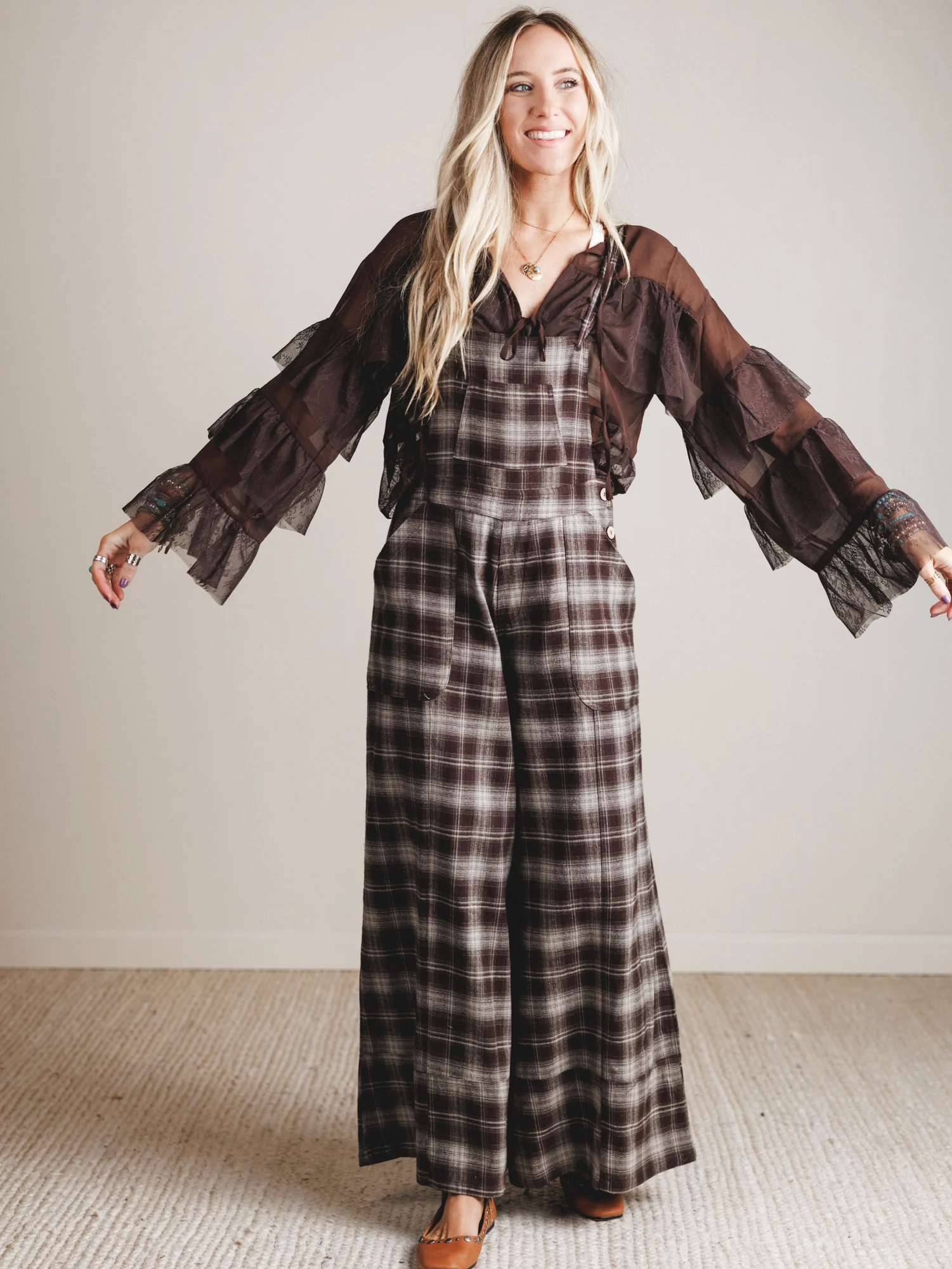 Favorite Flannel Wide Leg Overalls - Chocolate - Image 4