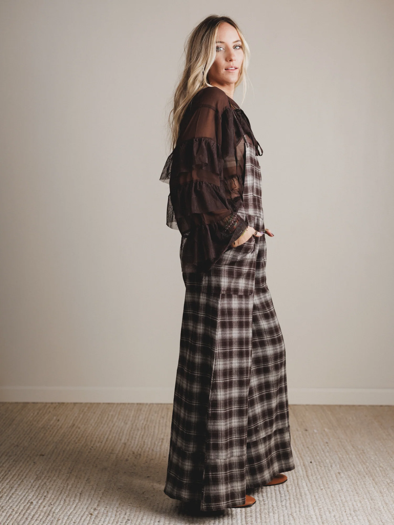 Favorite Flannel Wide Leg Overalls - Chocolate - Image 5