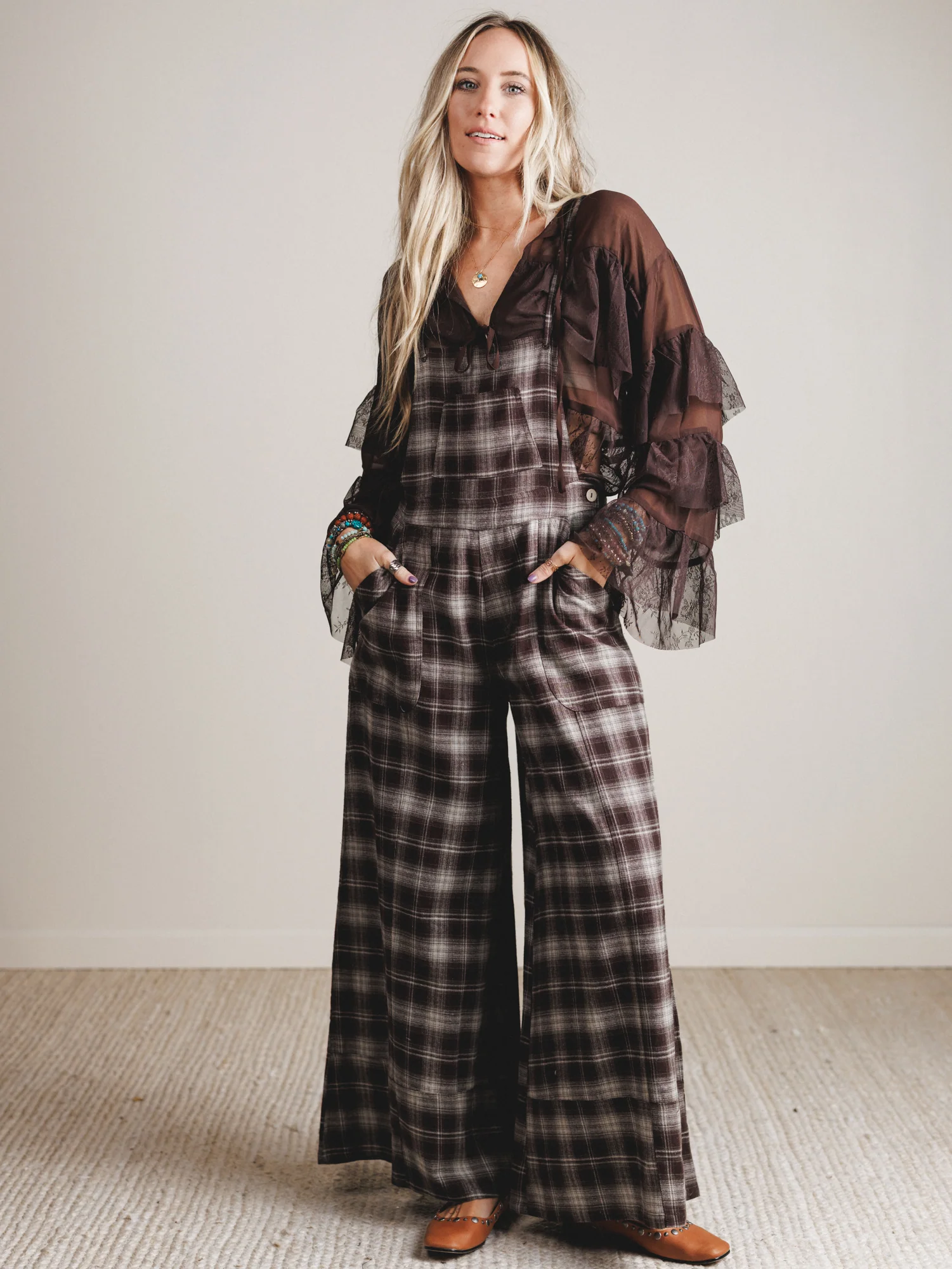 Favorite Flannel Wide Leg Overalls - Chocolate