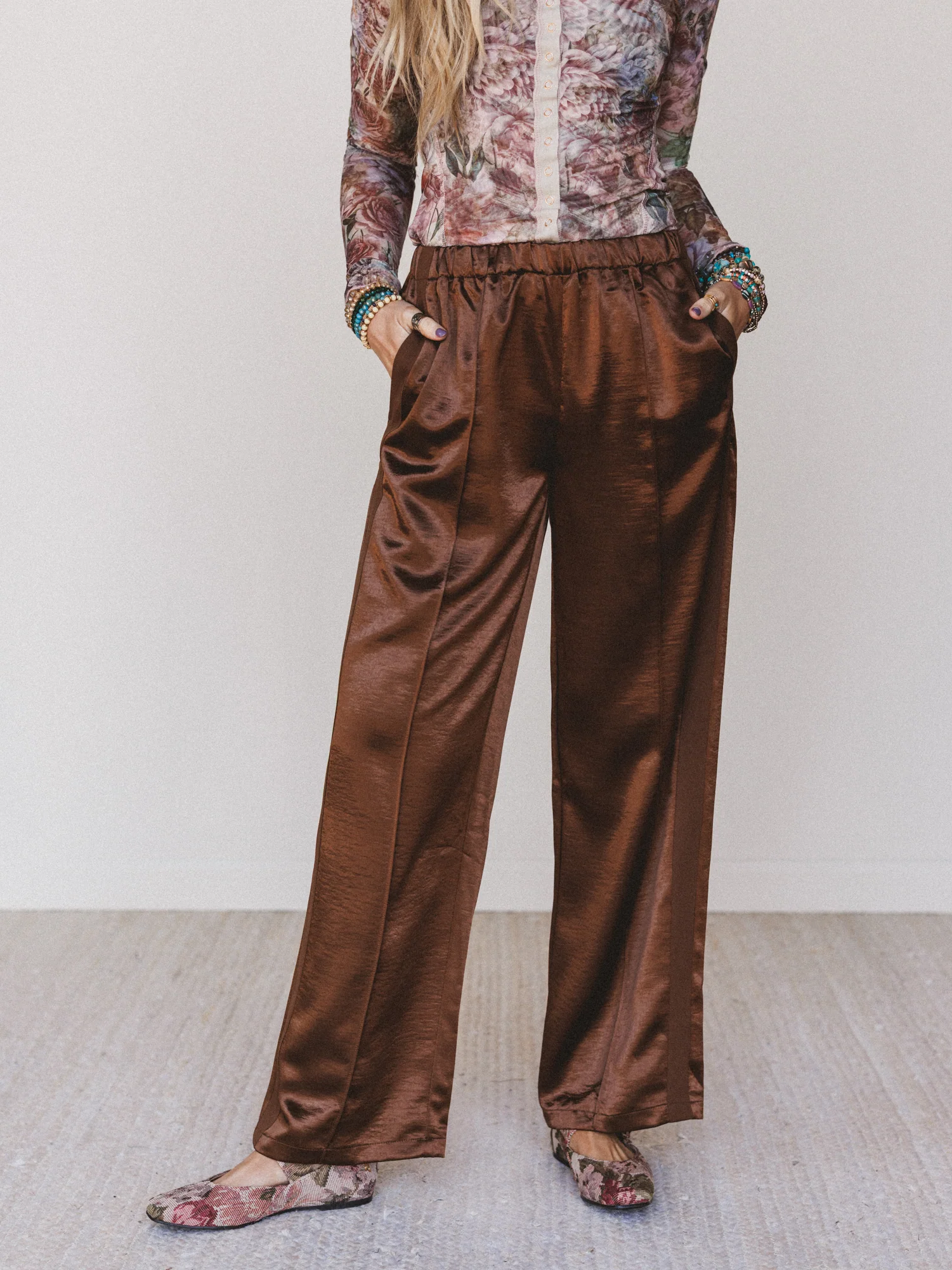 Feeling Sleek Satin Pants - Brown - Image 2