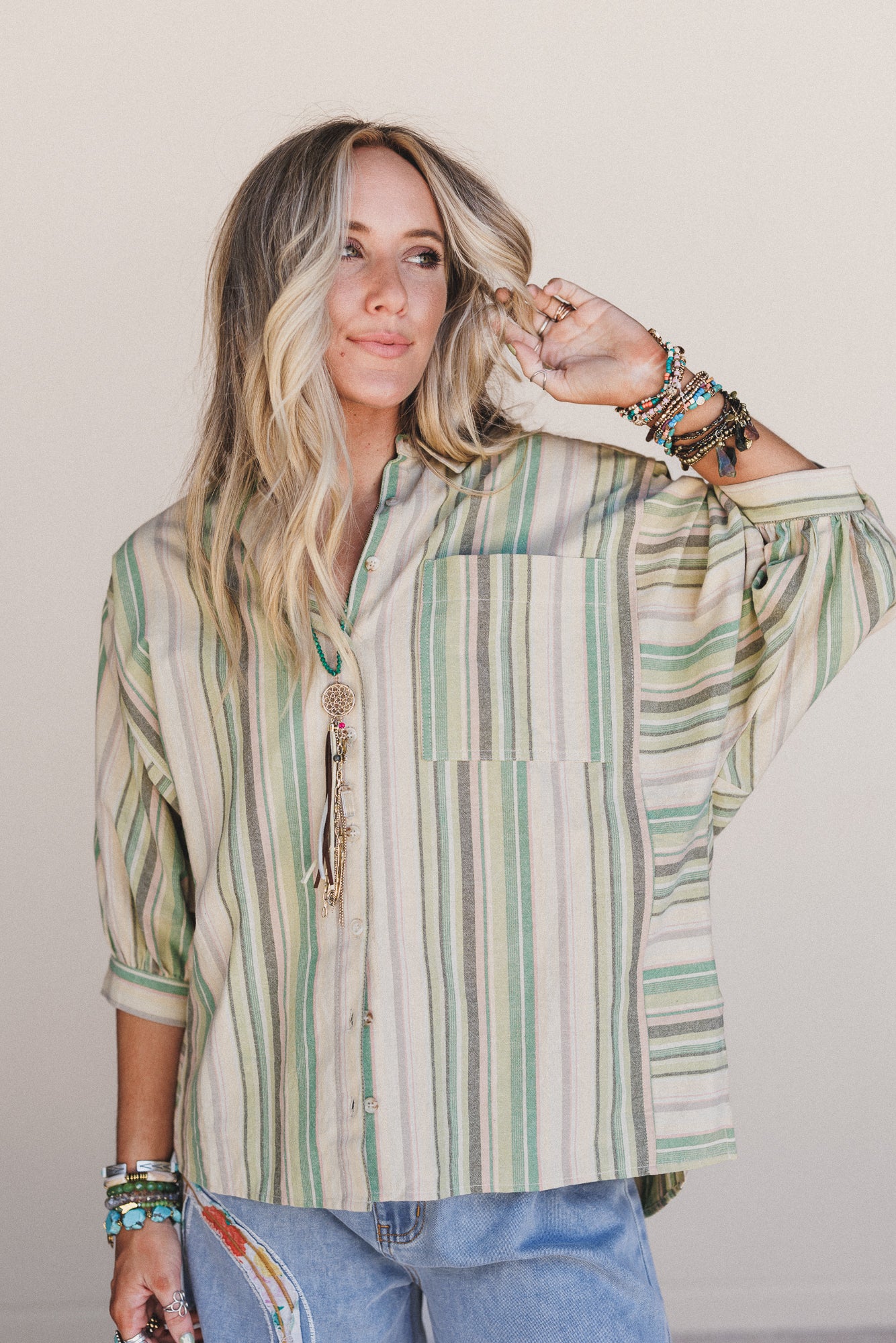 Finch Striped Button Down Top - Green Multi - Image 4