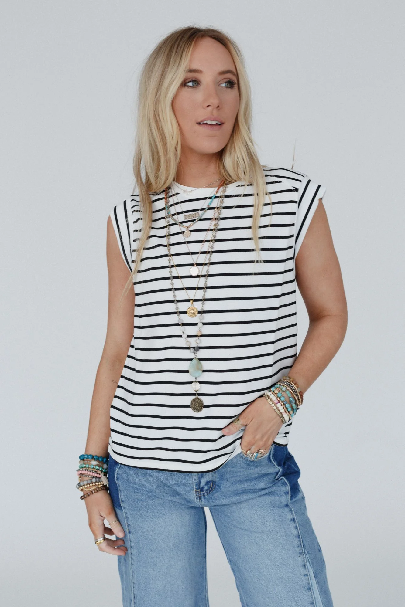 Fine Line Crew Neck Top - Ivory - Image 2