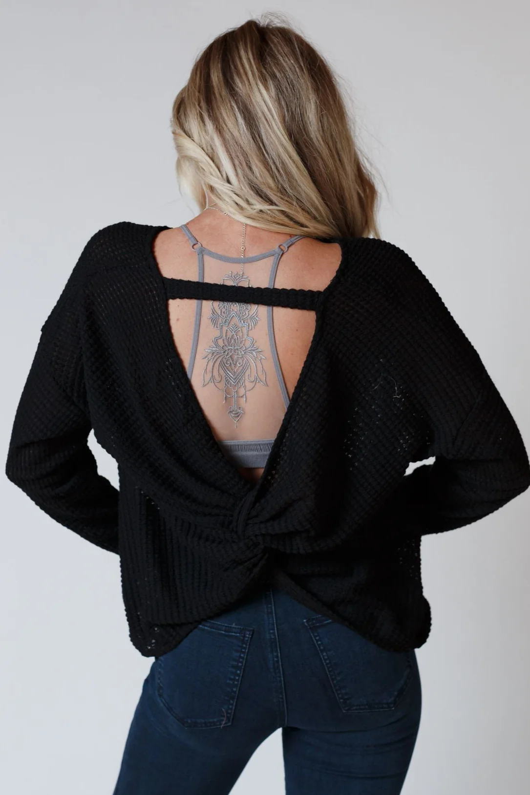 The Nest Flattering Open Back Thermal Knit Top - Black - Image 4