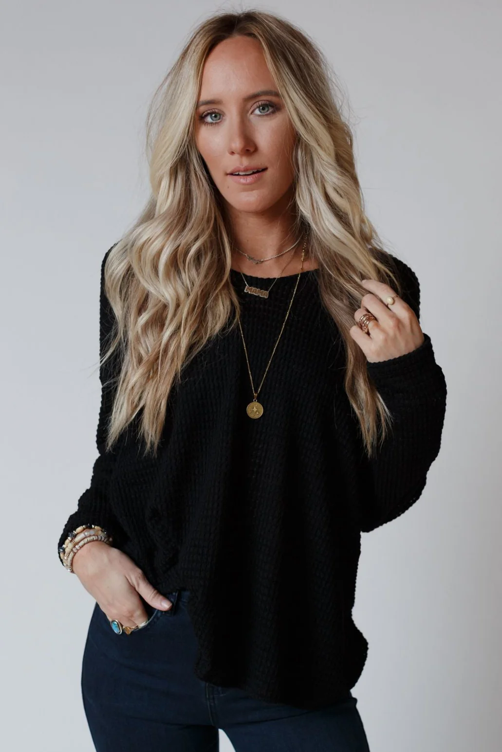 The Nest Flattering Open Back Thermal Knit Top - Black - Image 5