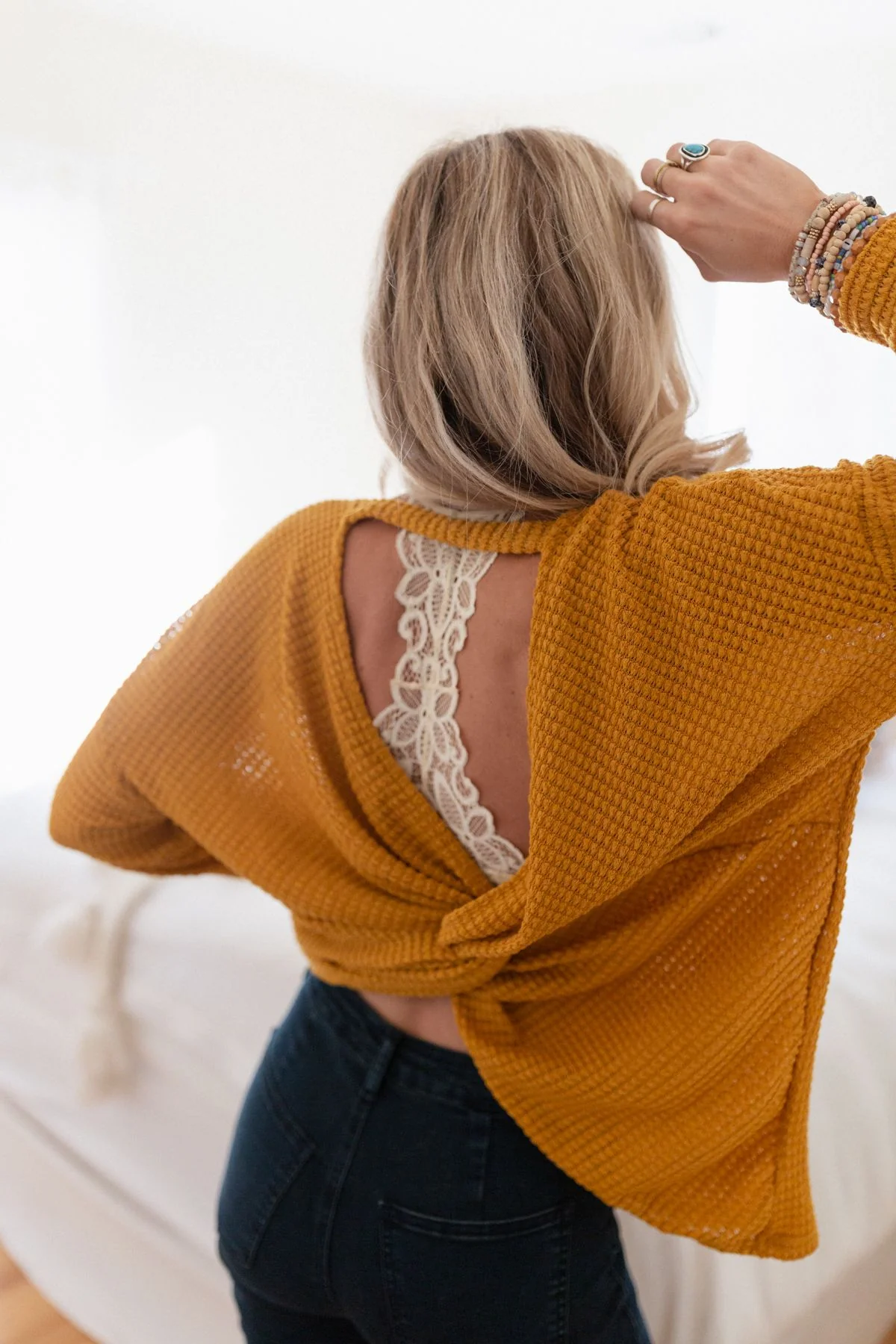 The Nest Flattering Open Back Thermal Knit Top - Mustard - Image 2