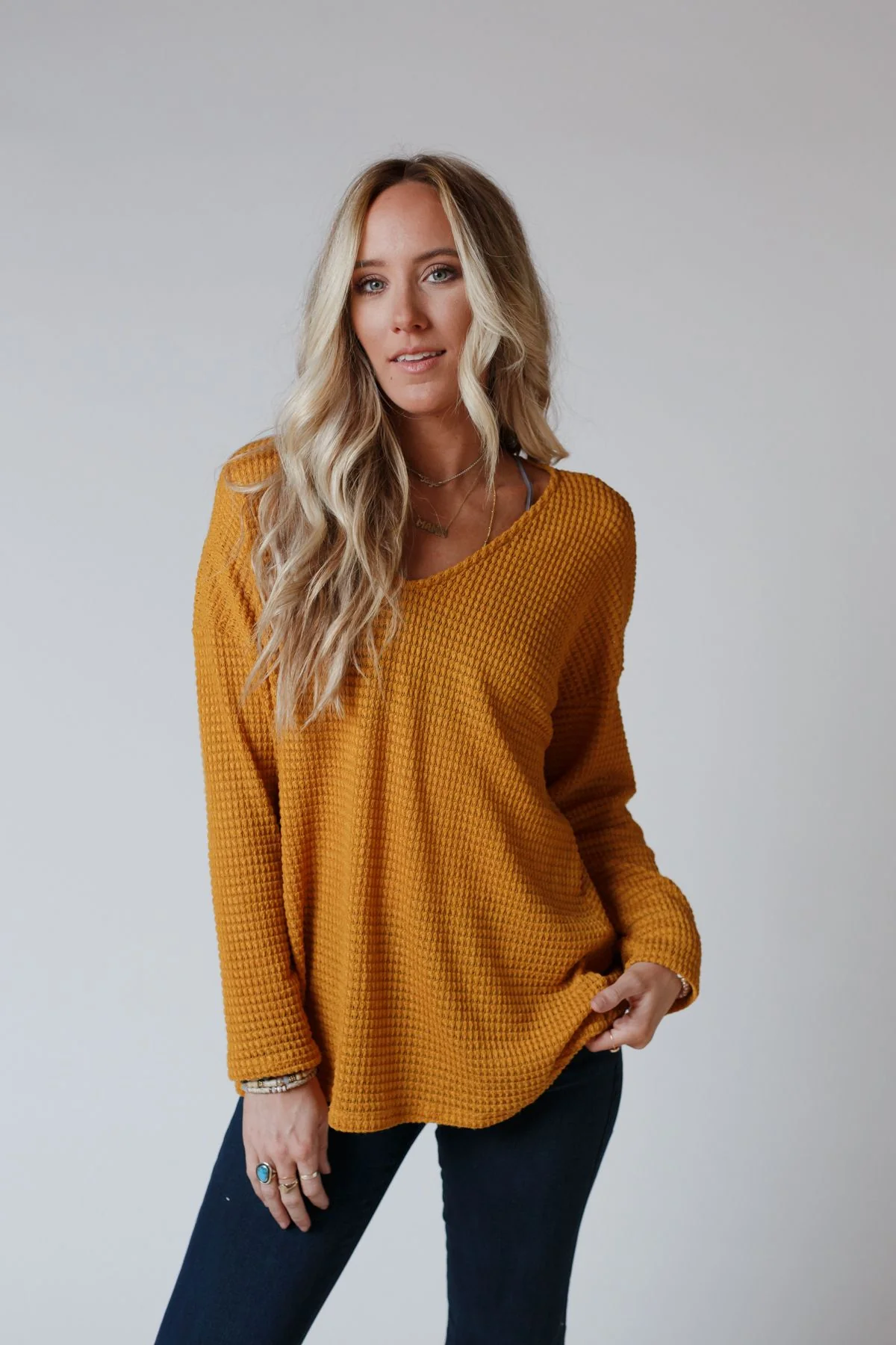 The Nest Flattering Open Back Thermal Knit Top - Mustard - Image 6