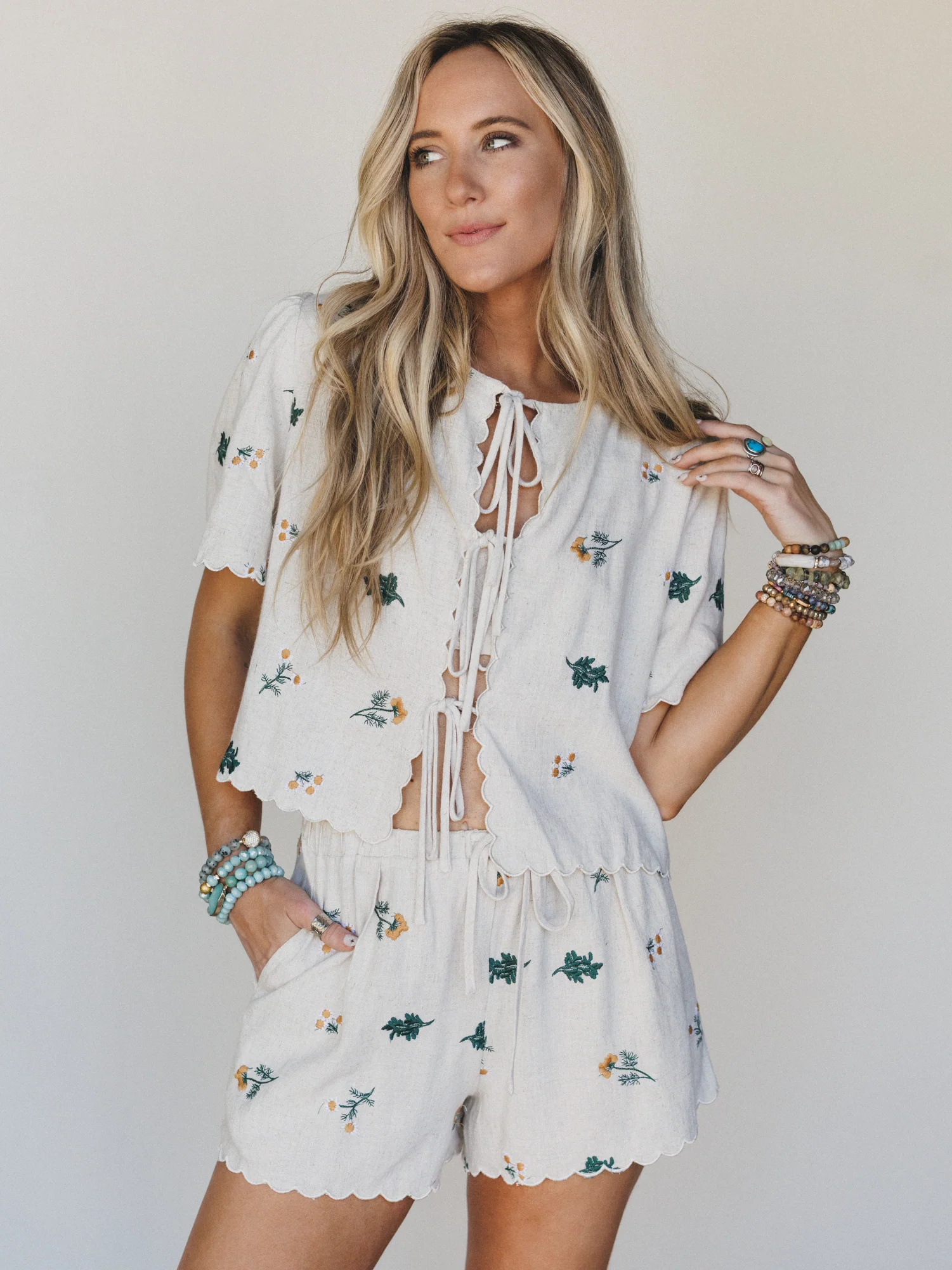 Fleur Amore Embroidered Tie Front Top - Oatmeal - Image 2
