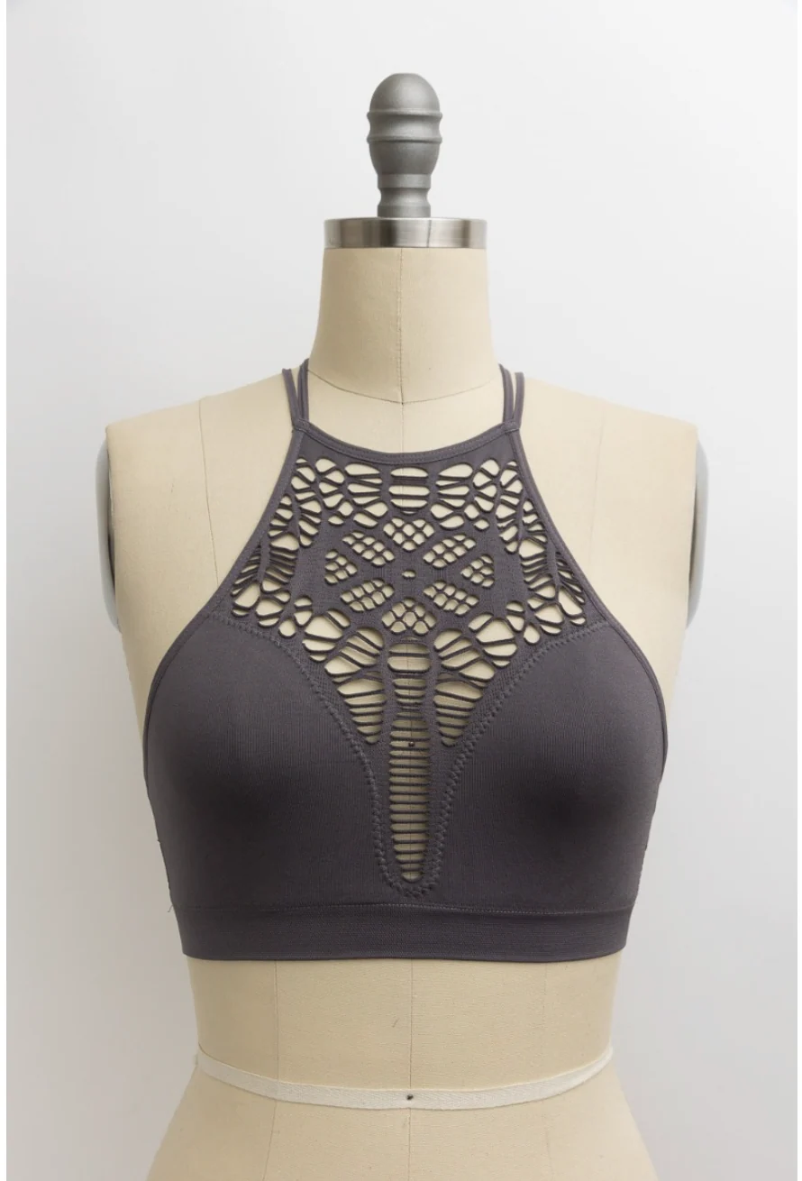 Floral Cut Out High Neck Bralette - Dark Gray - Image 5
