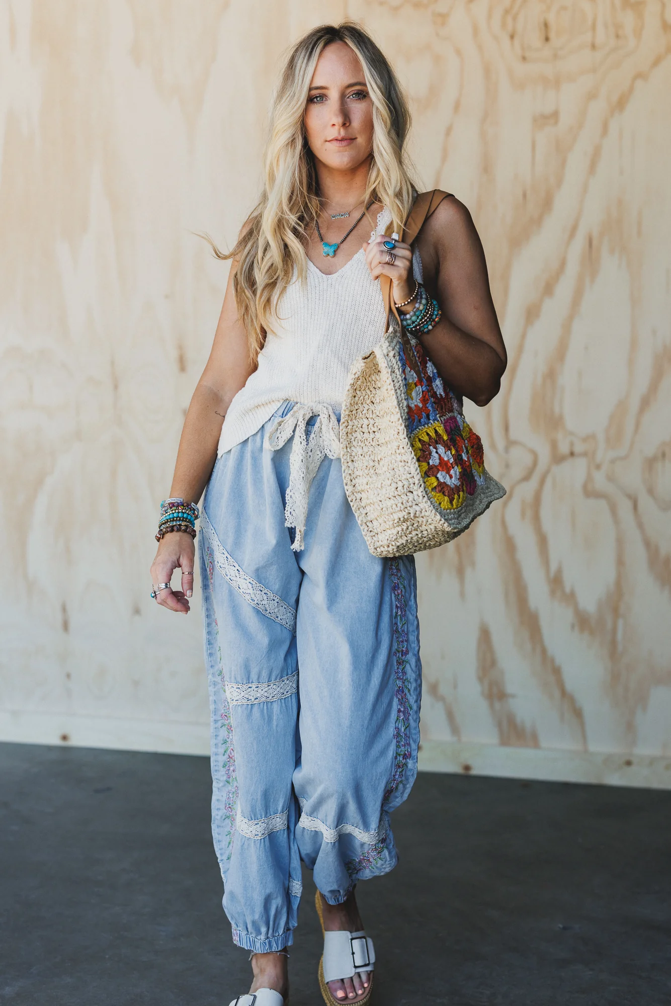 Floral Drift Embroidered Pants - Light Denim - Image 2