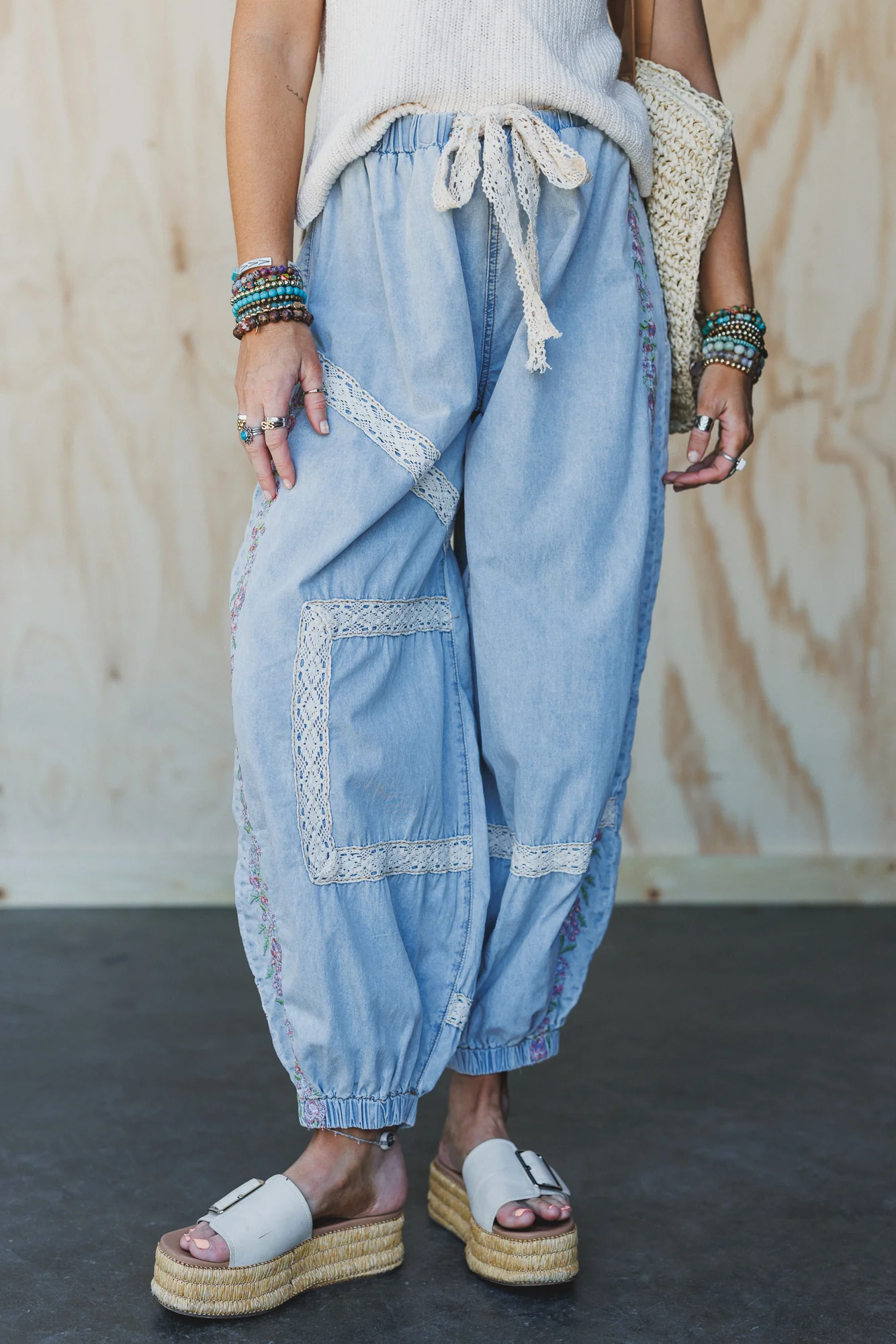 Floral Drift Embroidered Pants - Light Denim - Image 3