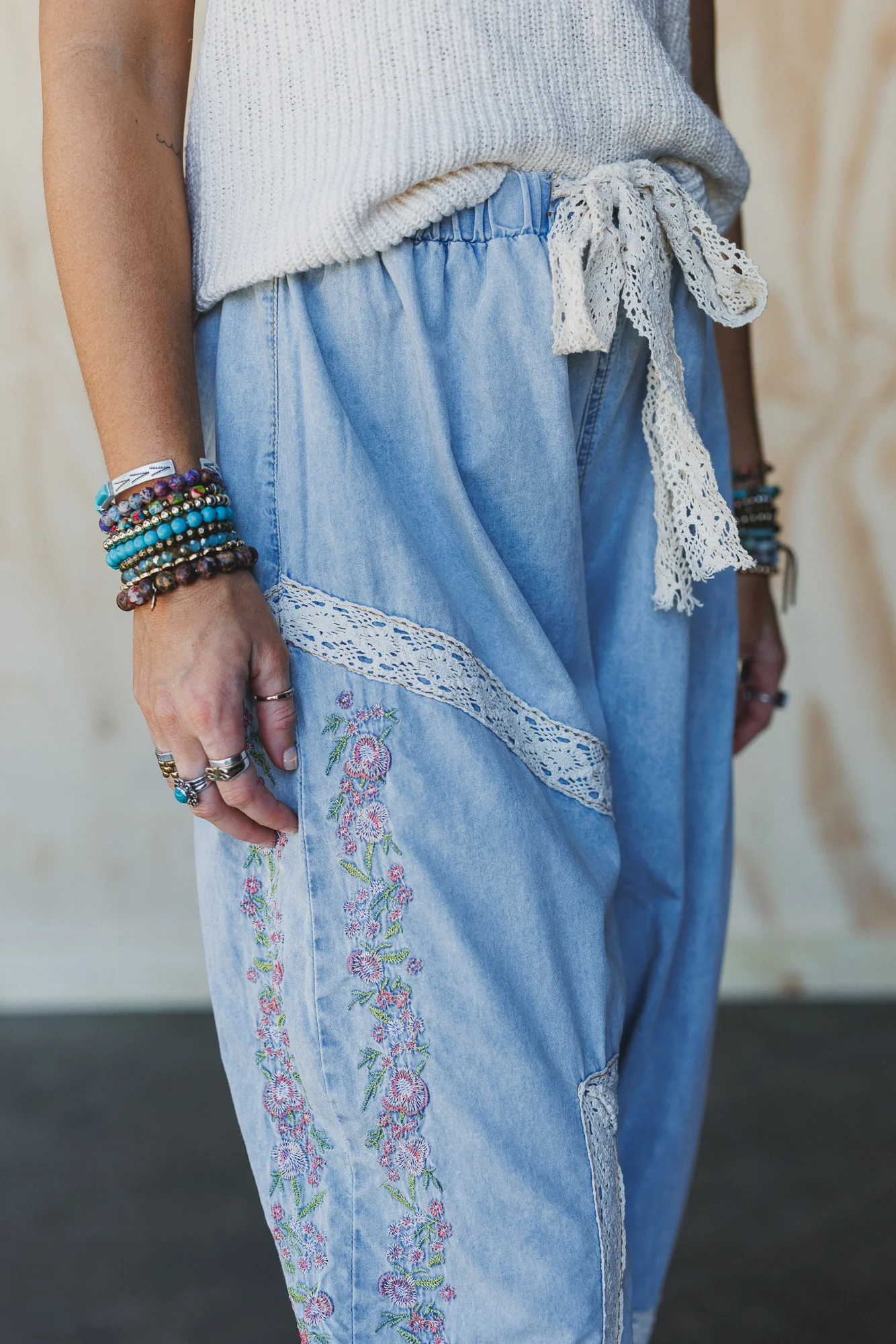 Floral Drift Embroidered Pants - Light Denim - Image 4