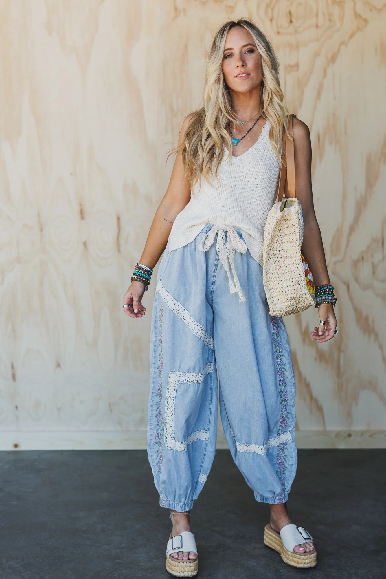 Floral Drift Embroidered Pants - Light Denim - Image 5