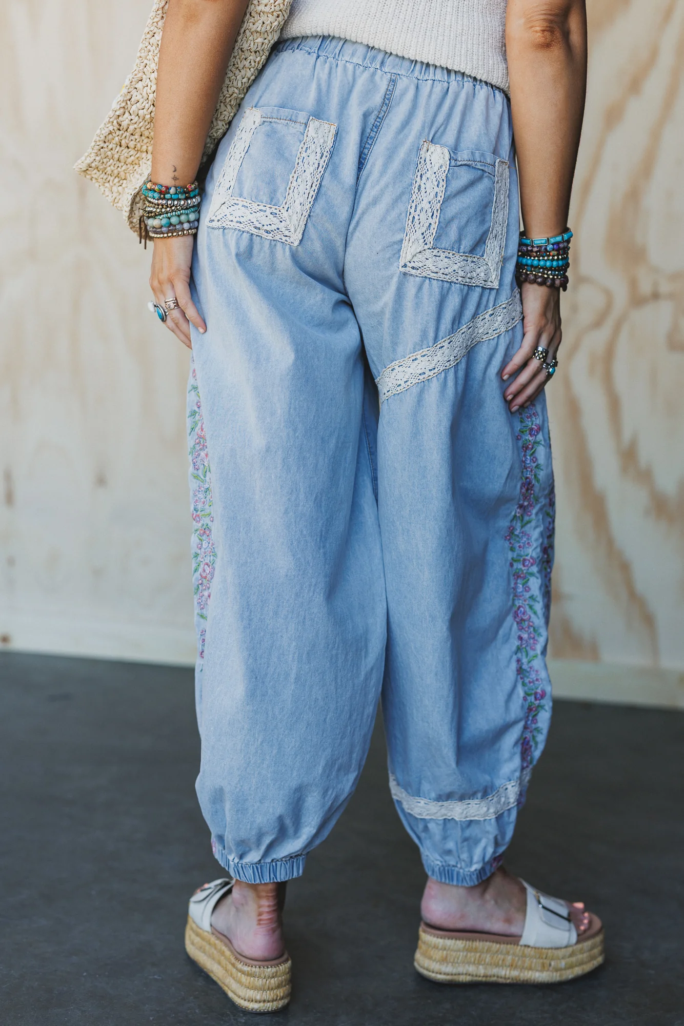 Floral Drift Embroidered Pants - Light Denim - Image 6